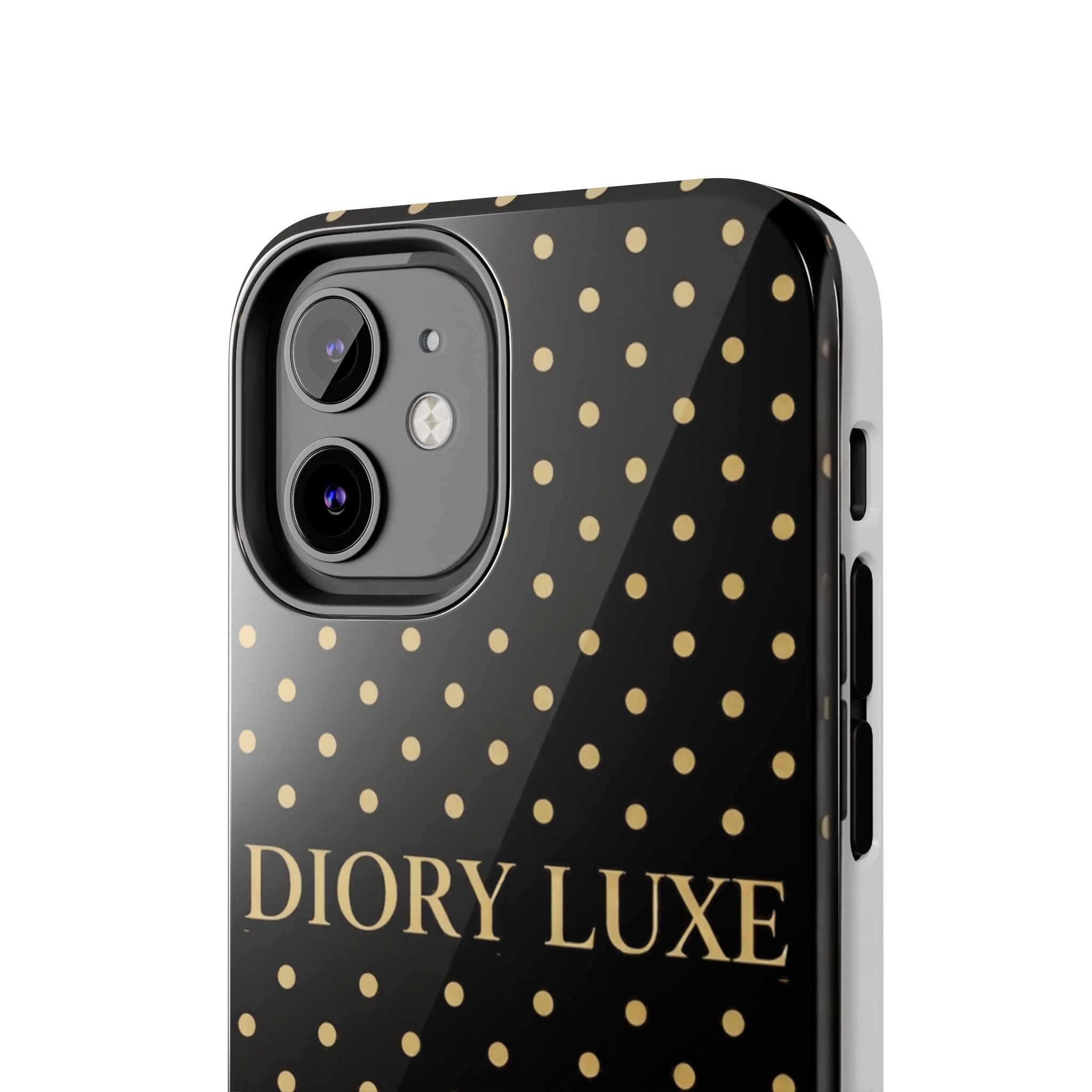 DIORY LUXE Polka Dot Tough Phone Case — Black & Gold Protective iPhone Cover