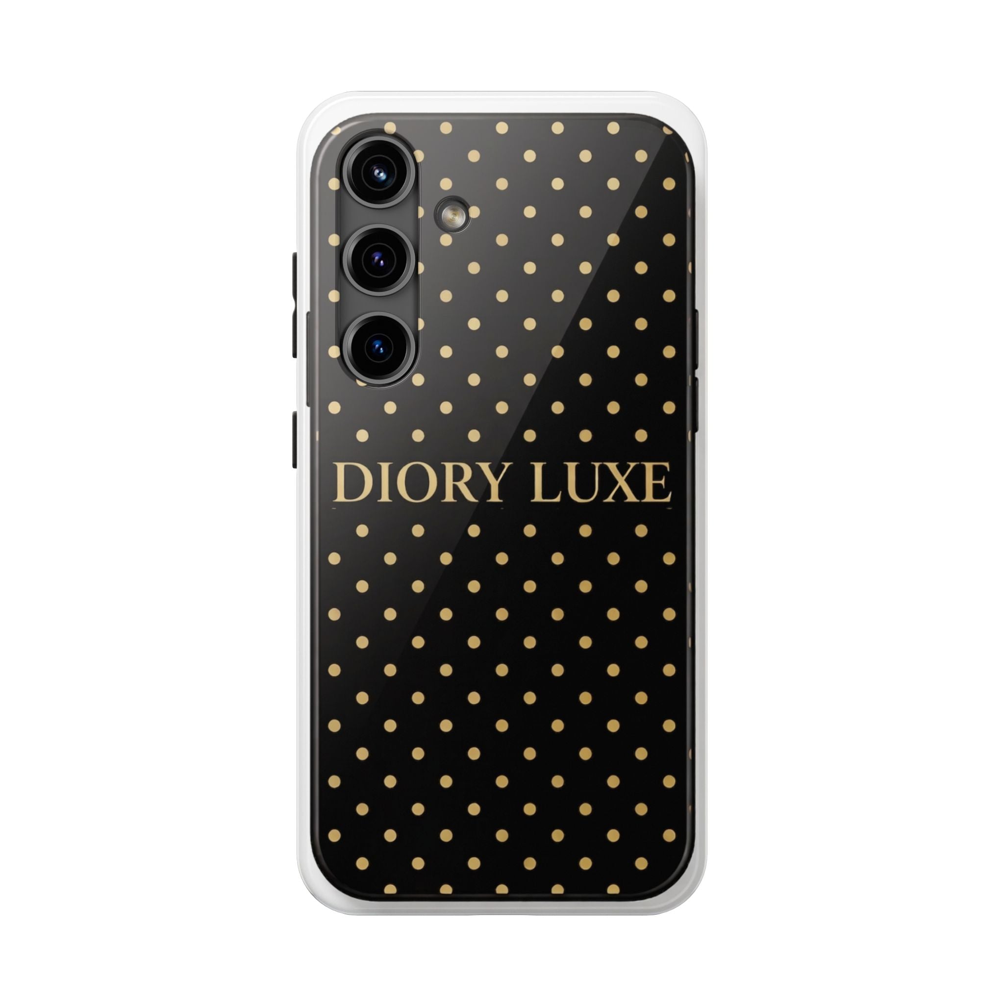 DIORY LUXE Polka Dot Tough Phone Case — Black & Gold Protective iPhone Cover