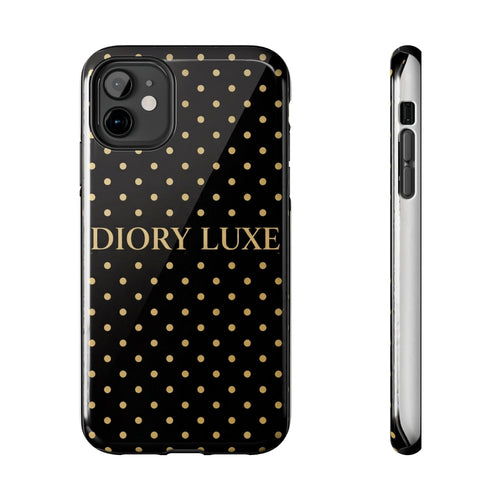 DIORY LUXE Polka Dot Tough Phone Case — Black & Gold Protective iPhone Cover