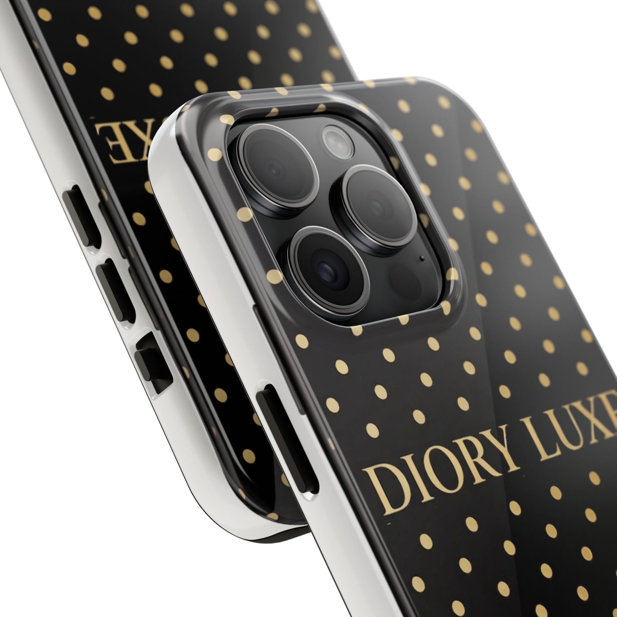 DIORY LUXE Polka Dot Tough Phone Case — Black & Gold Protective iPhone Cover