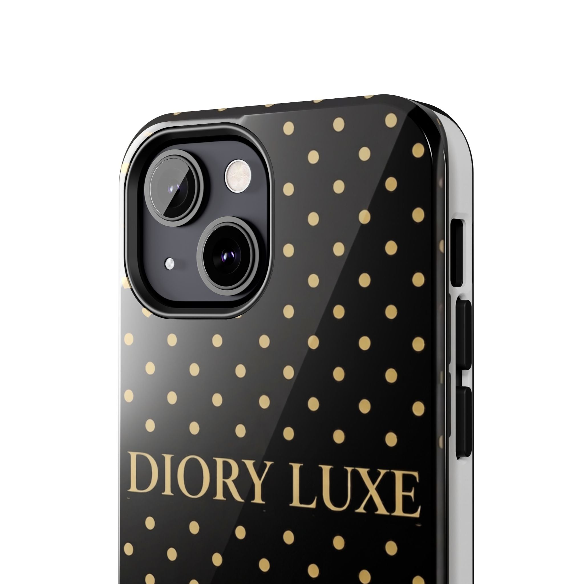 DIORY LUXE Polka Dot Tough Phone Case — Black & Gold Protective iPhone Cover