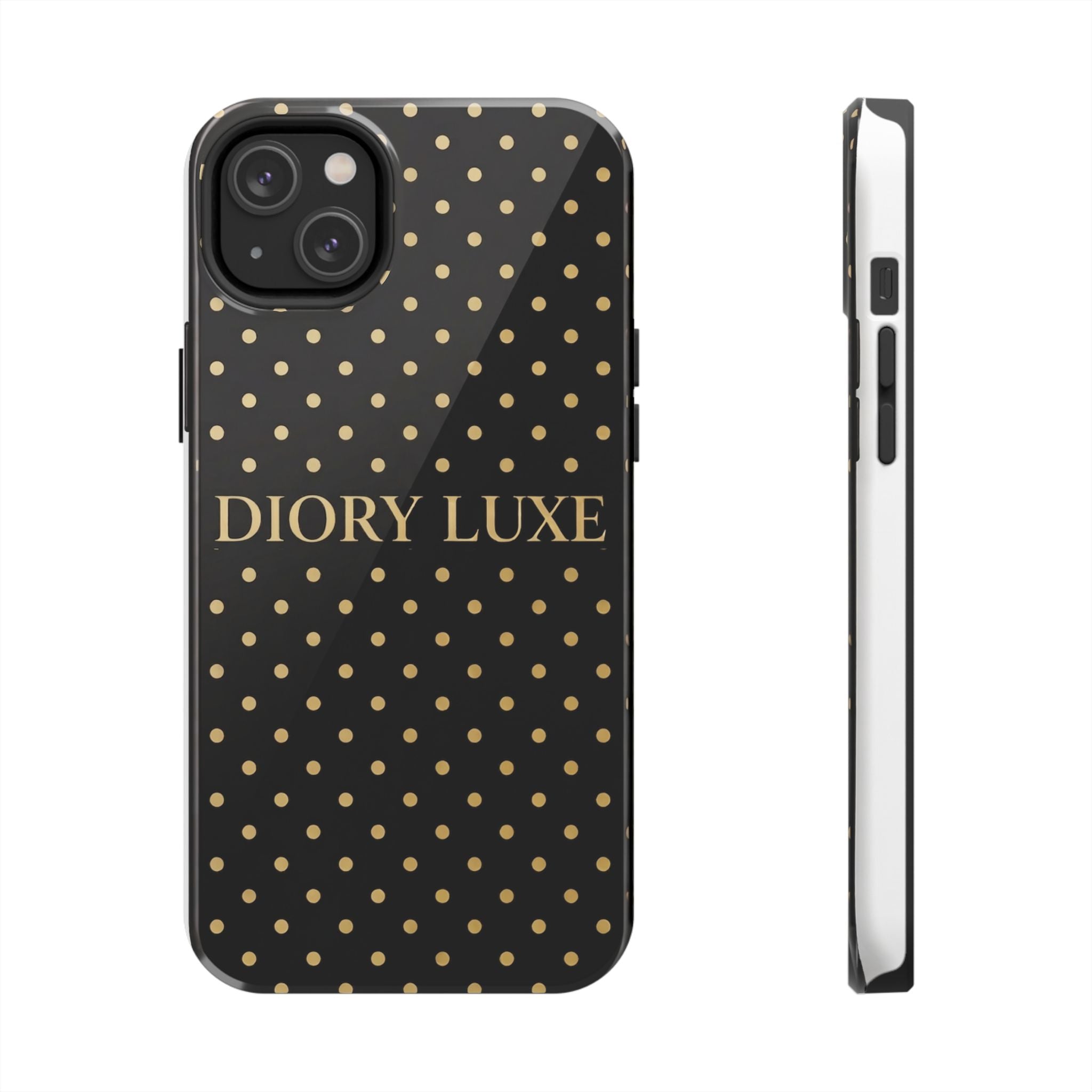 DIORY LUXE Polka Dot Tough Phone Case — Black & Gold Protective iPhone Cover