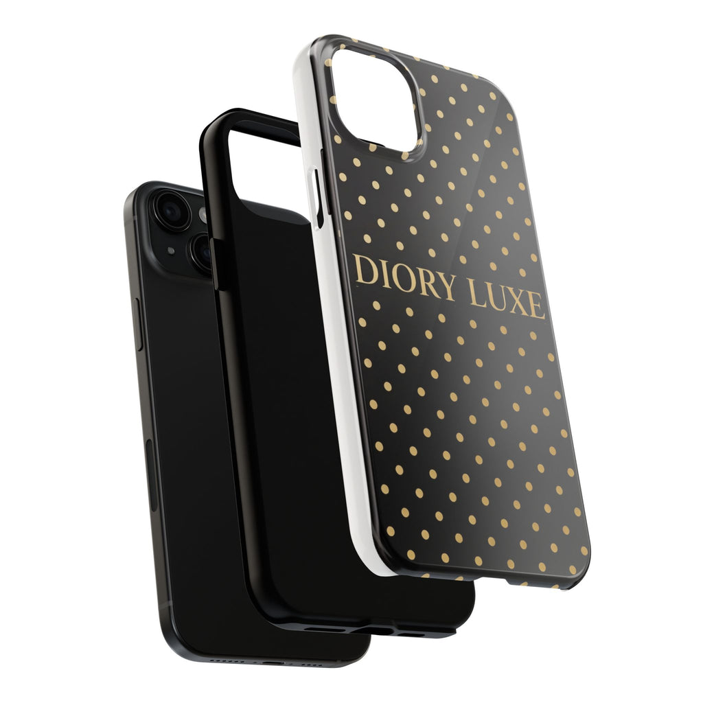 DIORY LUXE Polka Dot Tough Phone Case — Black & Gold Protective iPhone Cover