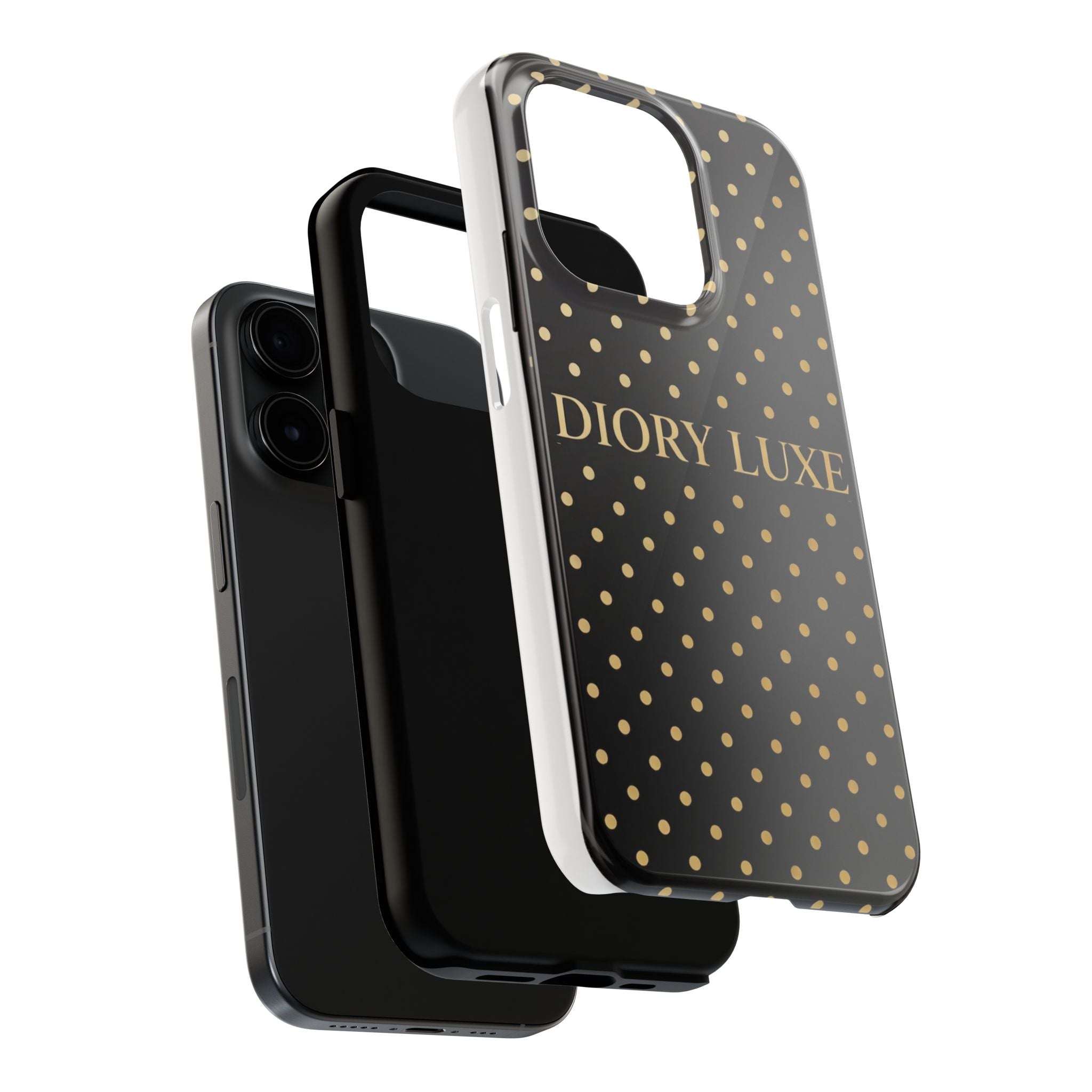 DIORY LUXE Polka Dot Tough Phone Case — Black & Gold Protective iPhone Cover