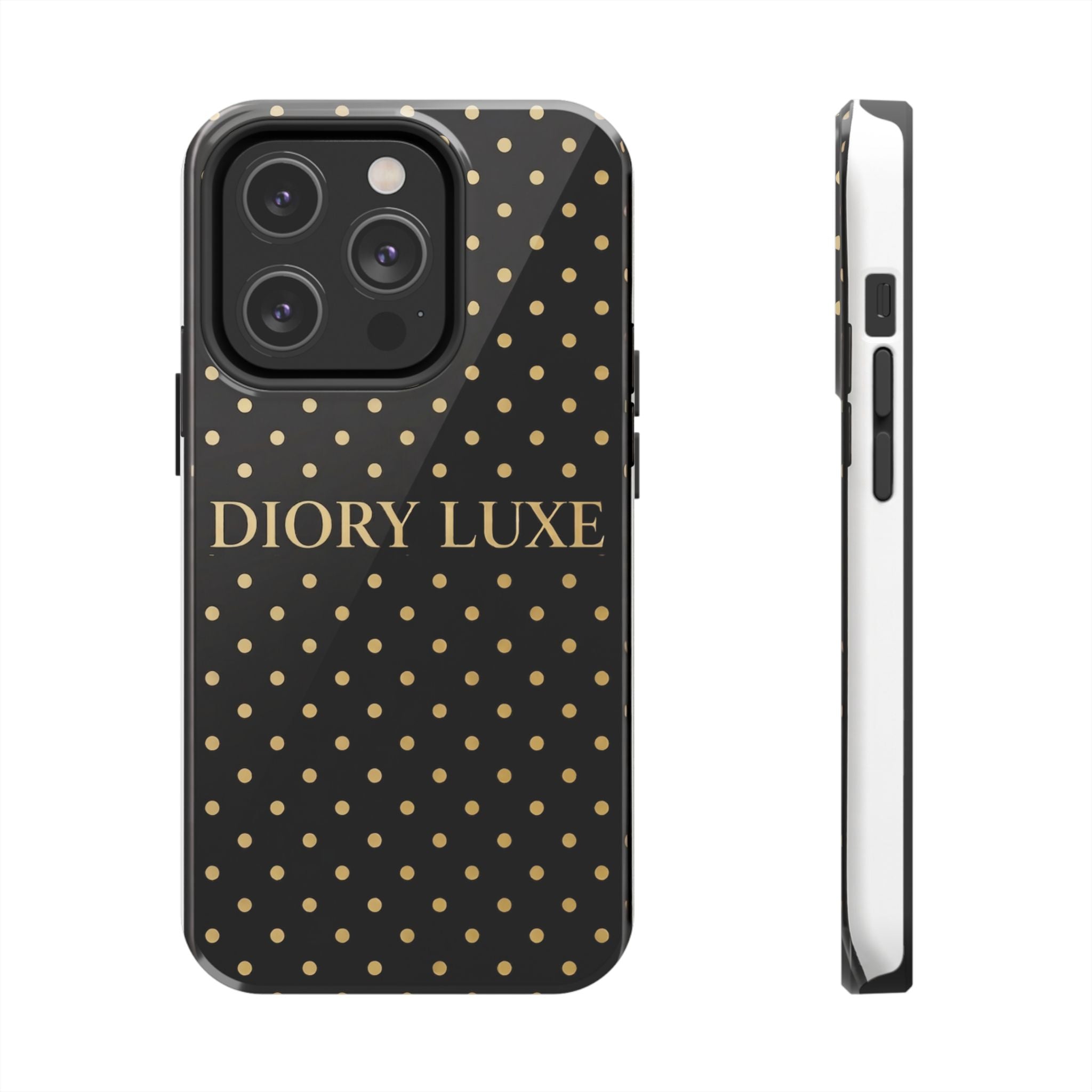 DIORY LUXE Polka Dot Tough Phone Case — Black & Gold Protective iPhone Cover