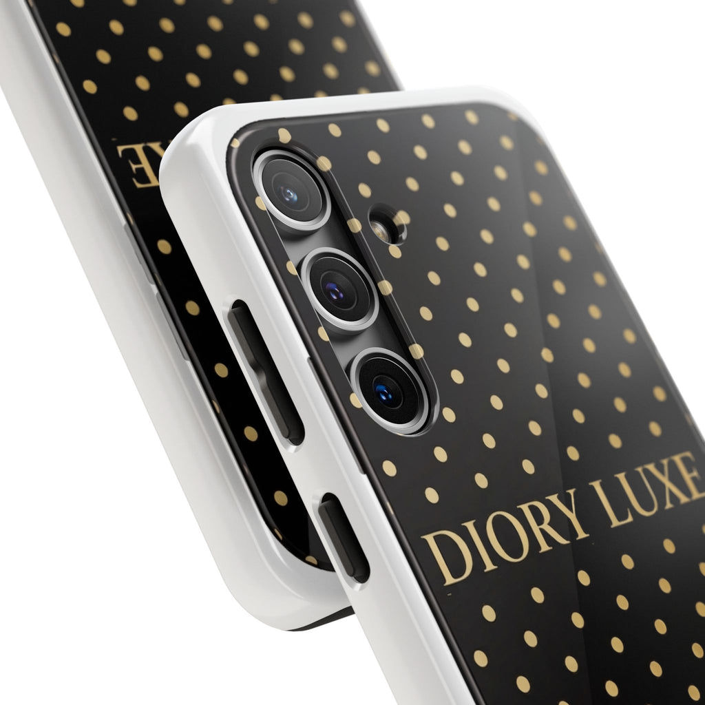 DIORY LUXE Polka Dot Tough Phone Case — Black & Gold Protective iPhone Cover