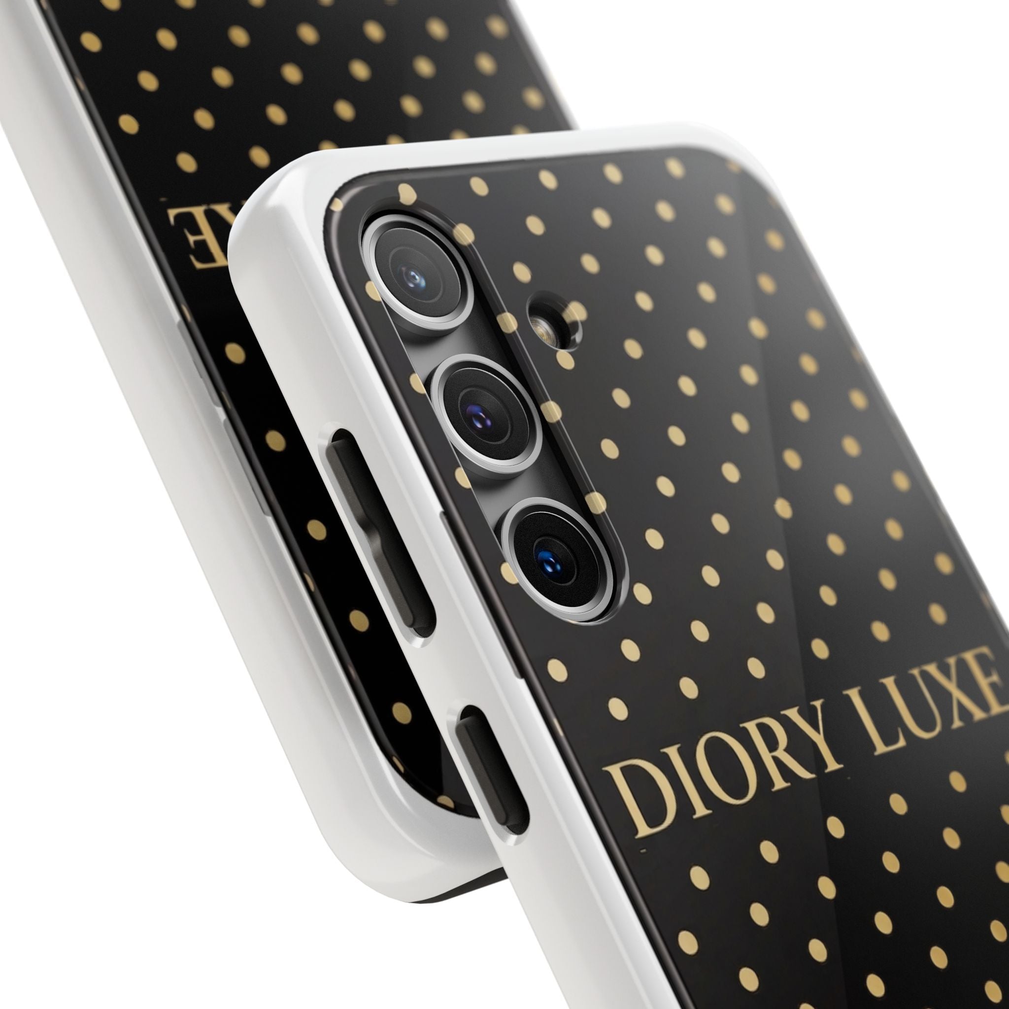 DIORY LUXE Polka Dot Tough Phone Case — Black & Gold Protective iPhone Cover