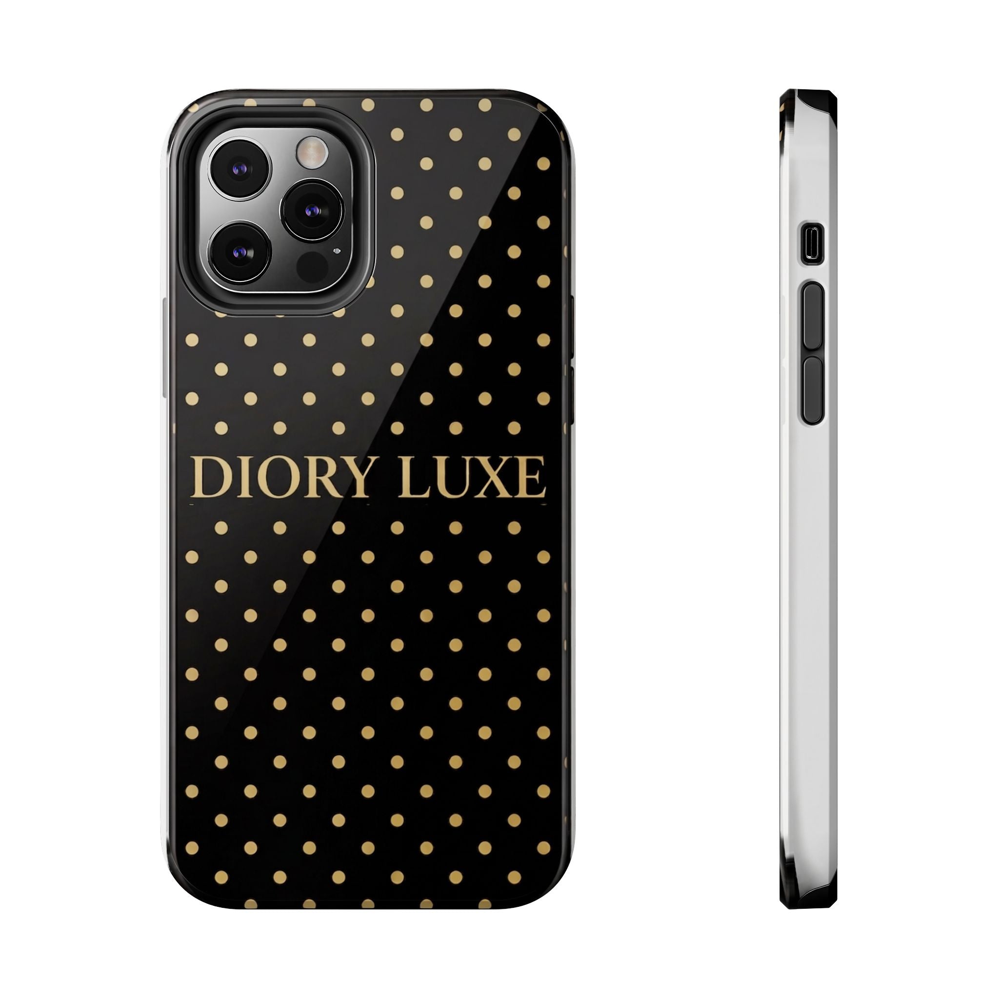 DIORY LUXE Polka Dot Tough Phone Case — Black & Gold Protective iPhone Cover