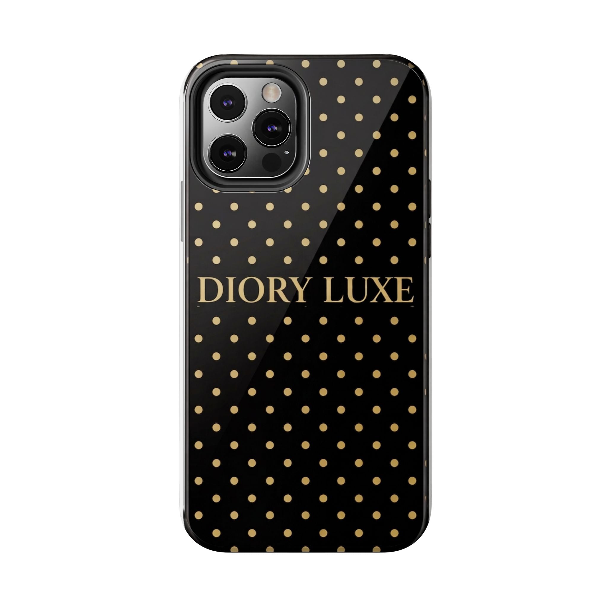 DIORY LUXE Polka Dot Tough Phone Case — Black & Gold Protective iPhone Cover