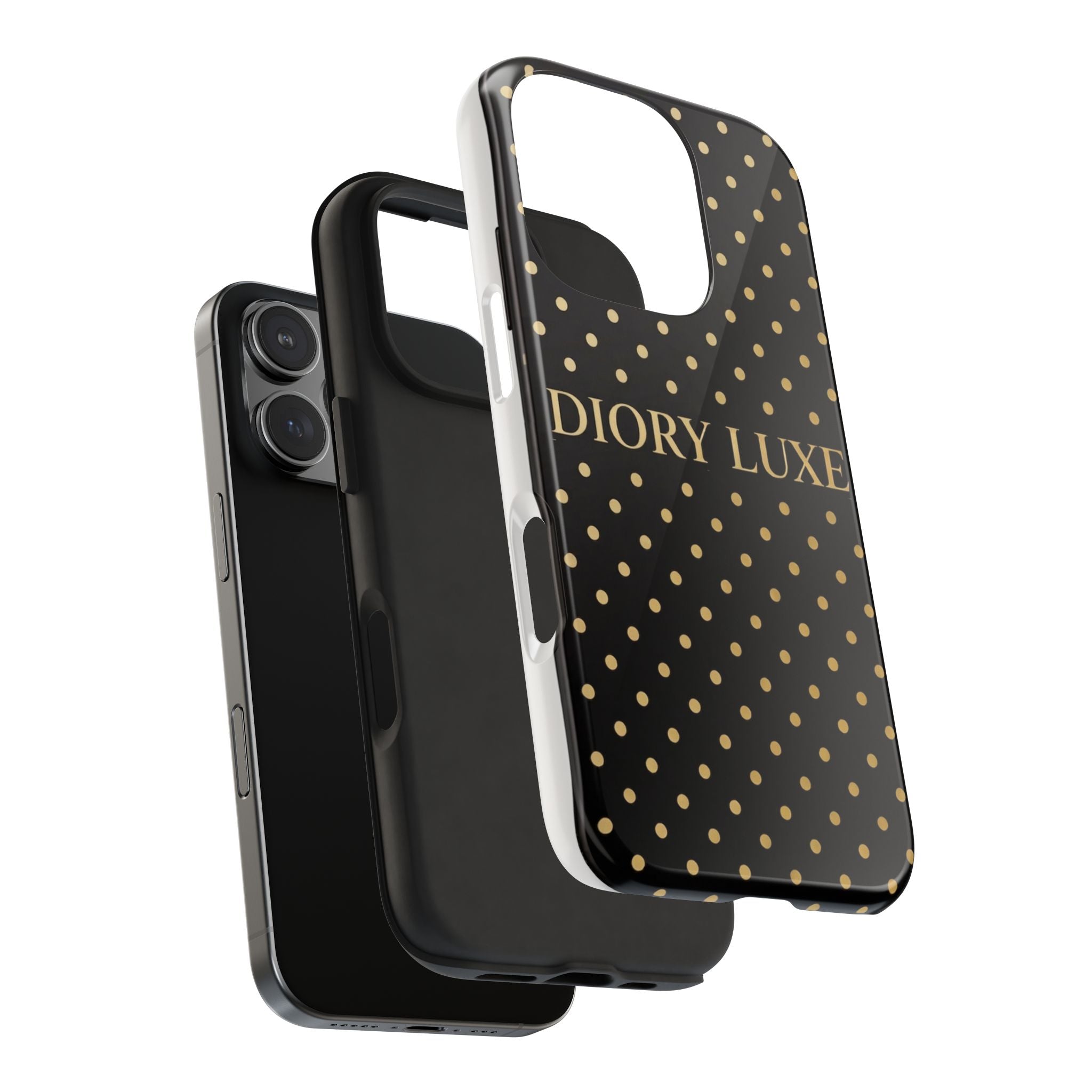 DIORY LUXE Polka Dot Tough Phone Case — Black & Gold Protective iPhone Cover