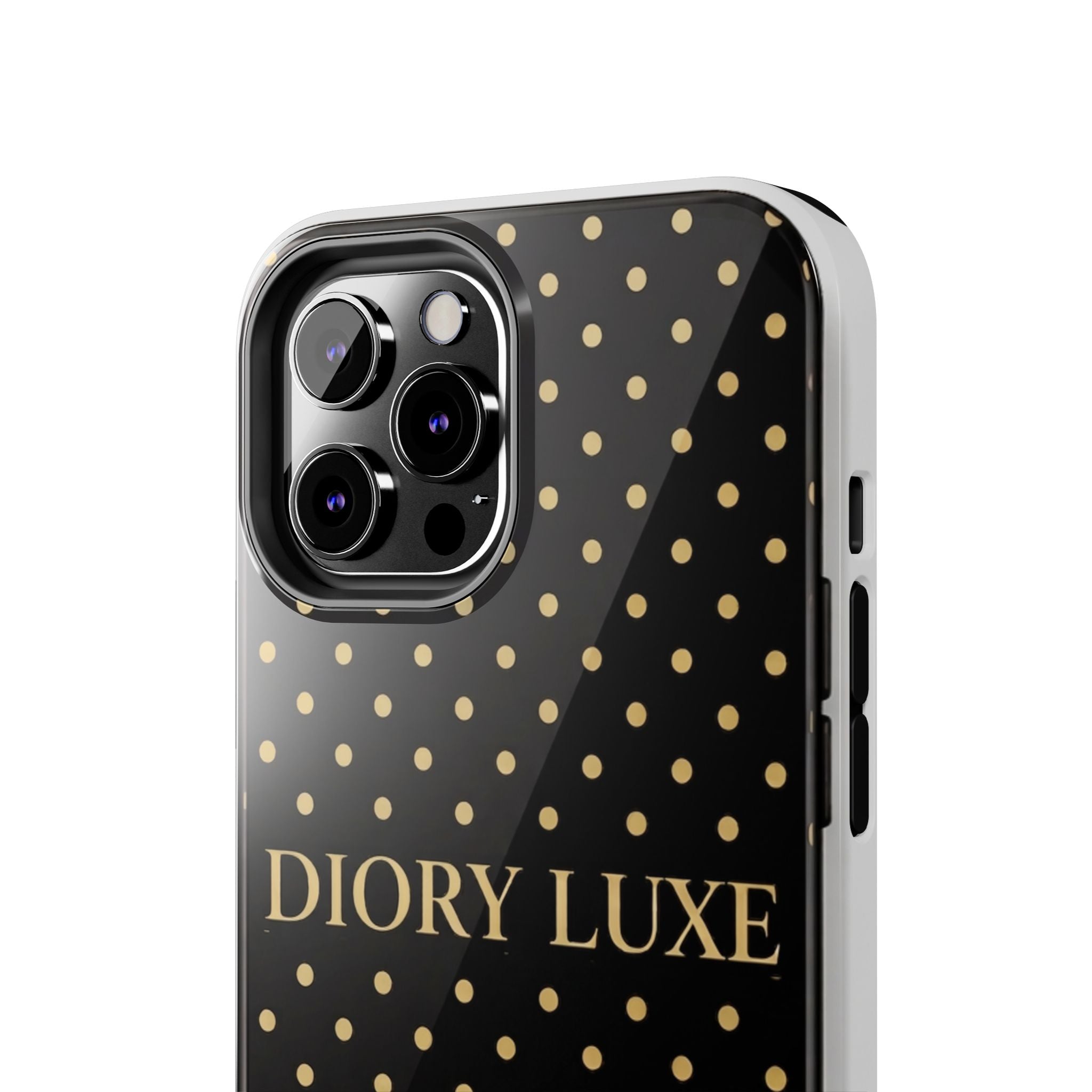 DIORY LUXE Polka Dot Tough Phone Case — Black & Gold Protective iPhone Cover