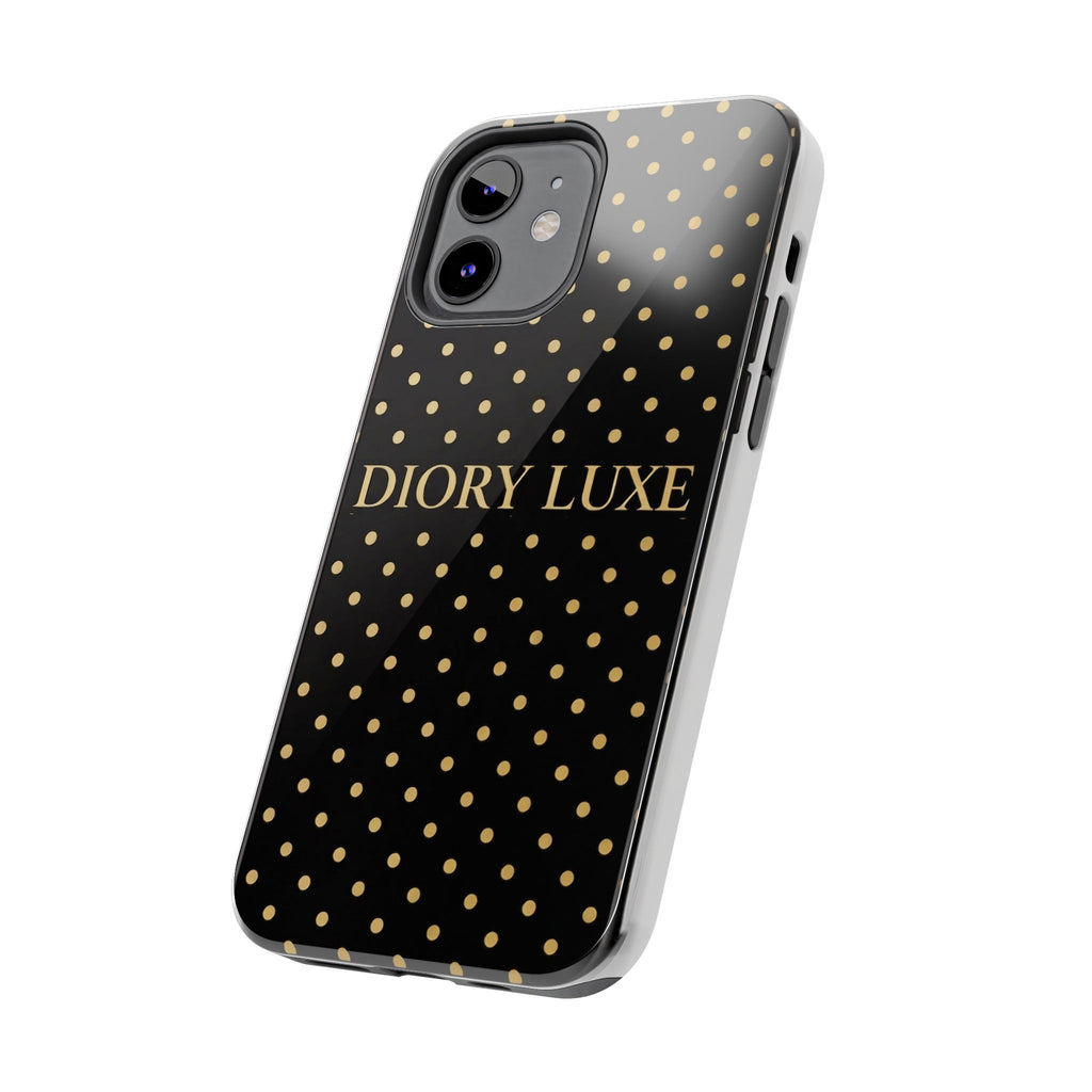DIORY LUXE Polka Dot Tough Phone Case — Black & Gold Protective iPhone Cover