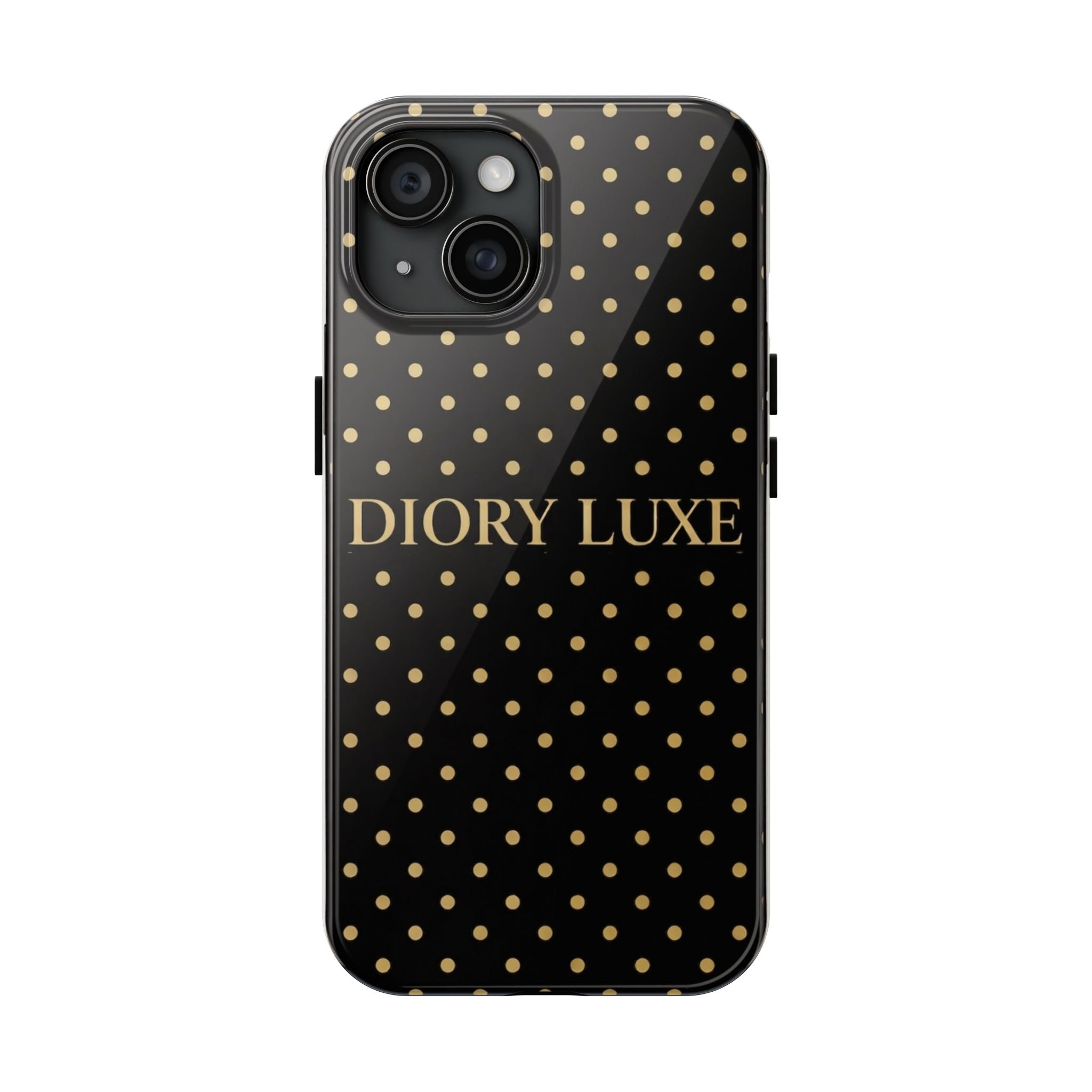 DIORY LUXE Polka Dot Tough Phone Case — Black & Gold Protective iPhone Cover