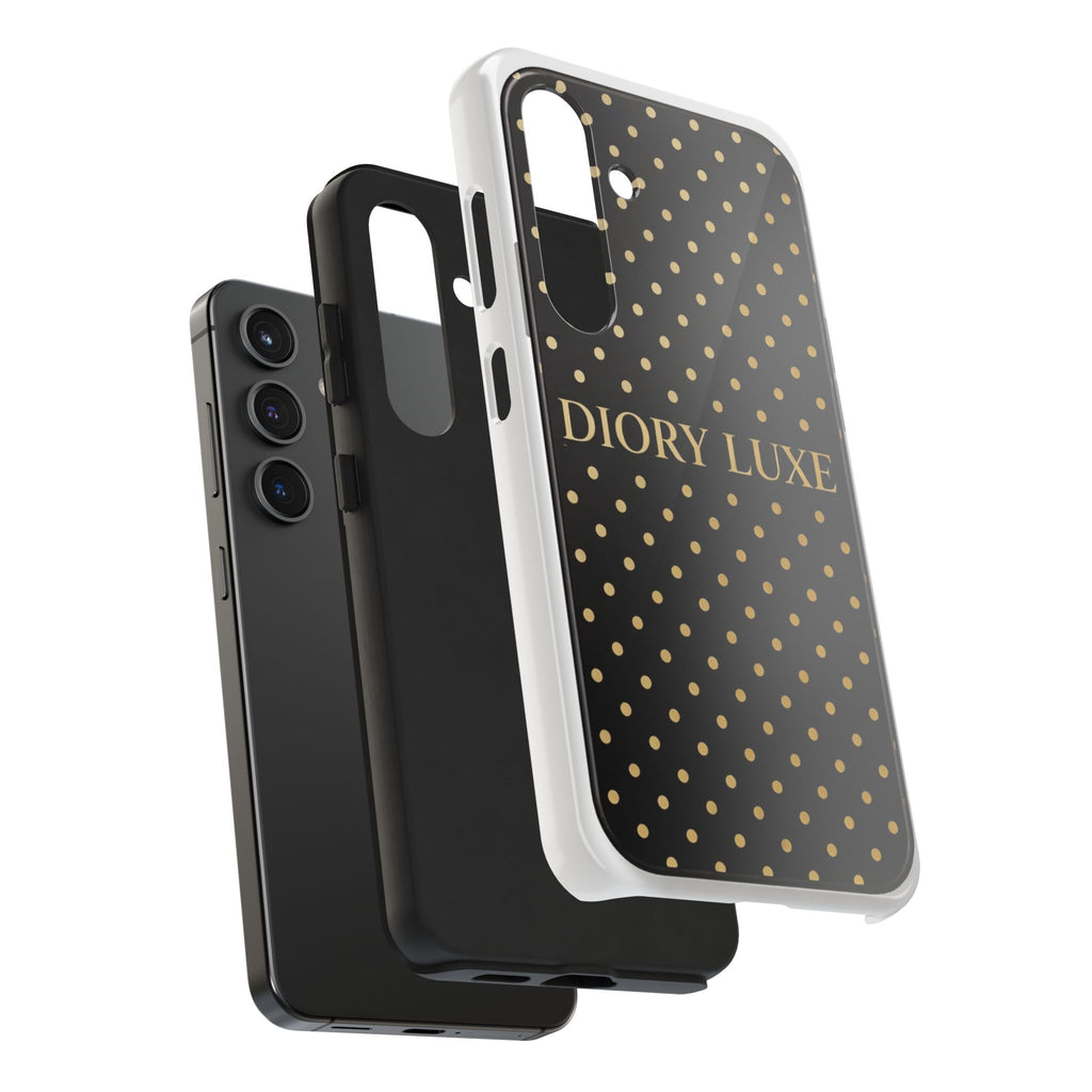 DIORY LUXE Polka Dot Tough Phone Case — Black & Gold Protective iPhone Cover