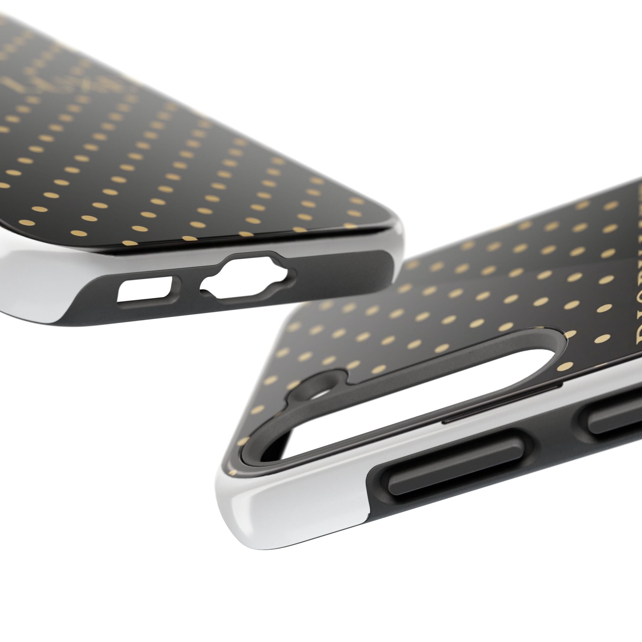 DIORY LUXE Polka Dot Tough Phone Case — Black & Gold Protective iPhone Cover
