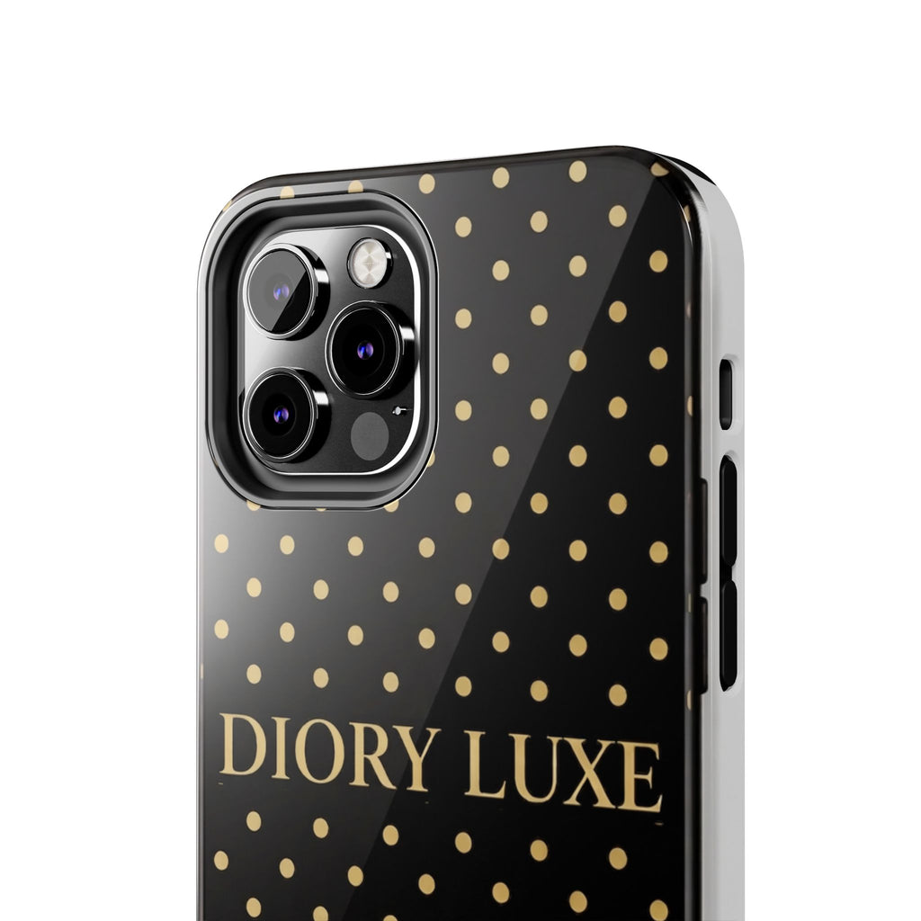 DIORY LUXE Polka Dot Tough Phone Case — Black & Gold Protective iPhone Cover