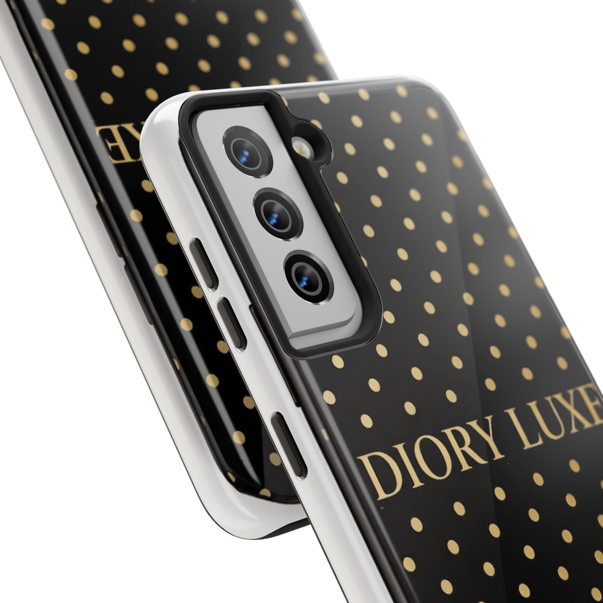 DIORY LUXE Polka Dot Tough Phone Case — Black & Gold Protective iPhone Cover