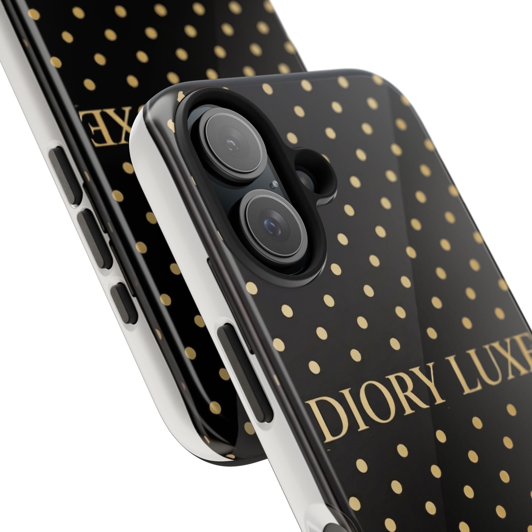 DIORY LUXE Polka Dot Tough Phone Case — Black & Gold Protective iPhone Cover