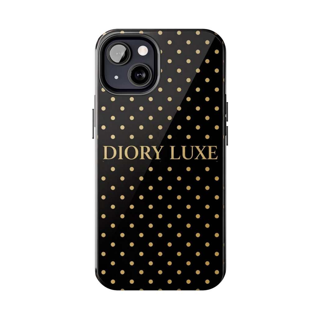 DIORY LUXE Polka Dot Tough Phone Case — Black & Gold Protective iPhone Cover