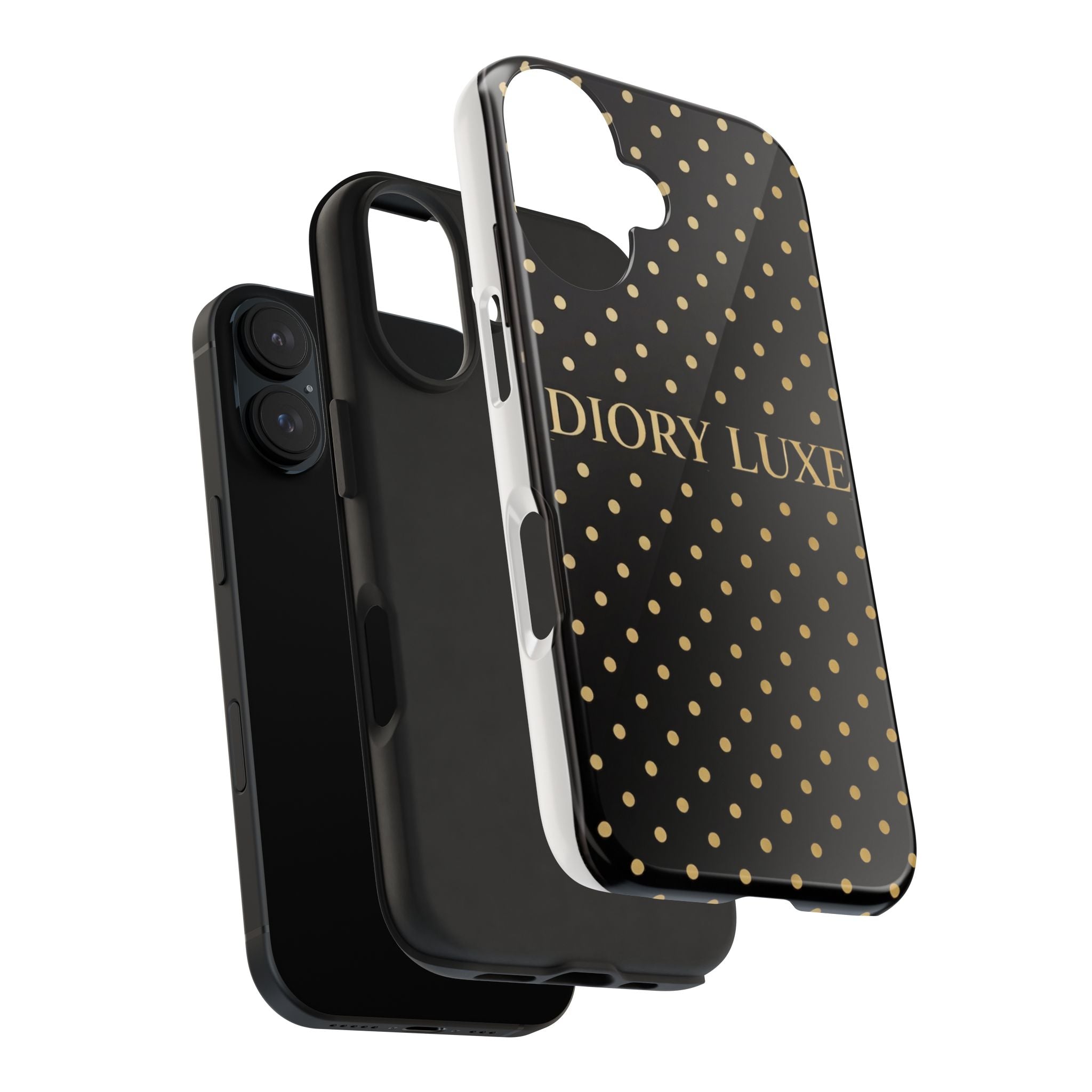 DIORY LUXE Polka Dot Tough Phone Case — Black & Gold Protective iPhone Cover
