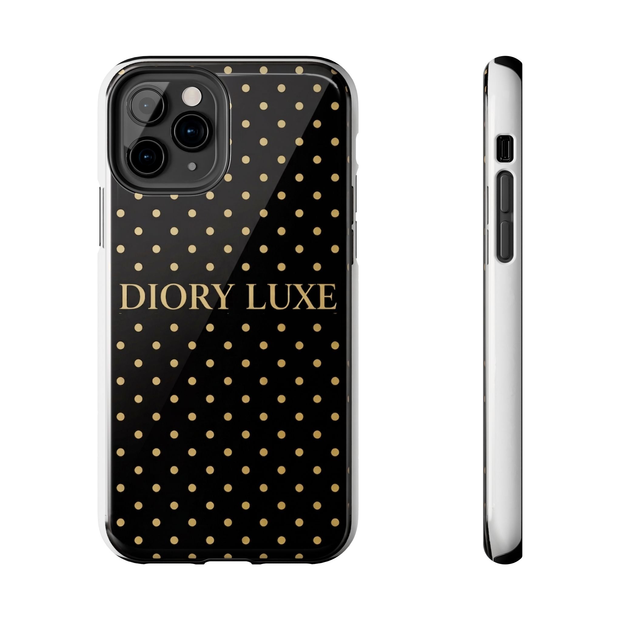 DIORY LUXE Polka Dot Tough Phone Case — Black & Gold Protective iPhone Cover