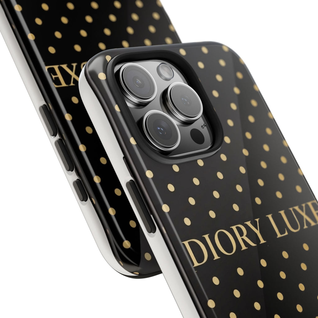 DIORY LUXE Polka Dot Tough Phone Case — Black & Gold Protective iPhone Cover
