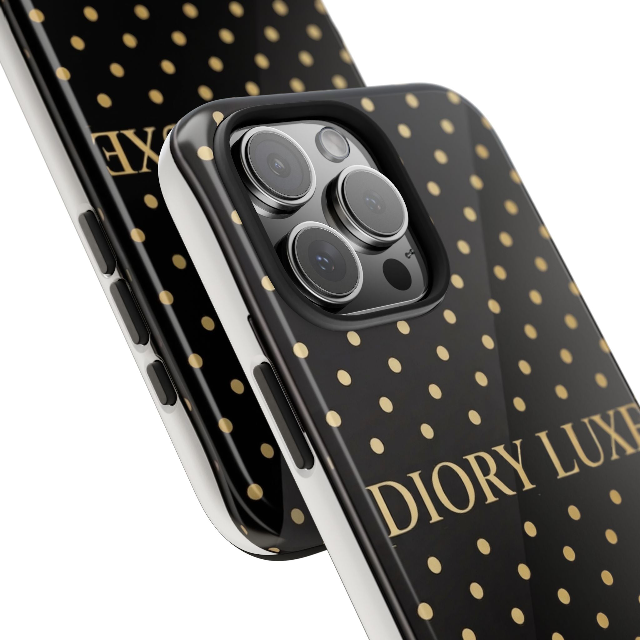 DIORY LUXE Polka Dot Tough Phone Case — Black & Gold Protective iPhone Cover