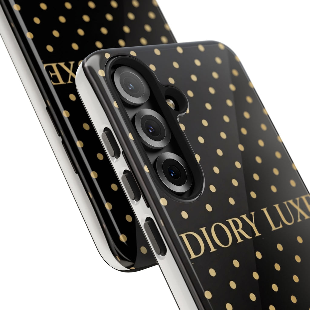 DIORY LUXE Polka Dot Tough Phone Case — Black & Gold Protective iPhone Cover