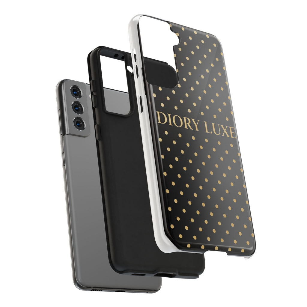 DIORY LUXE Polka Dot Tough Phone Case — Black & Gold Protective iPhone Cover