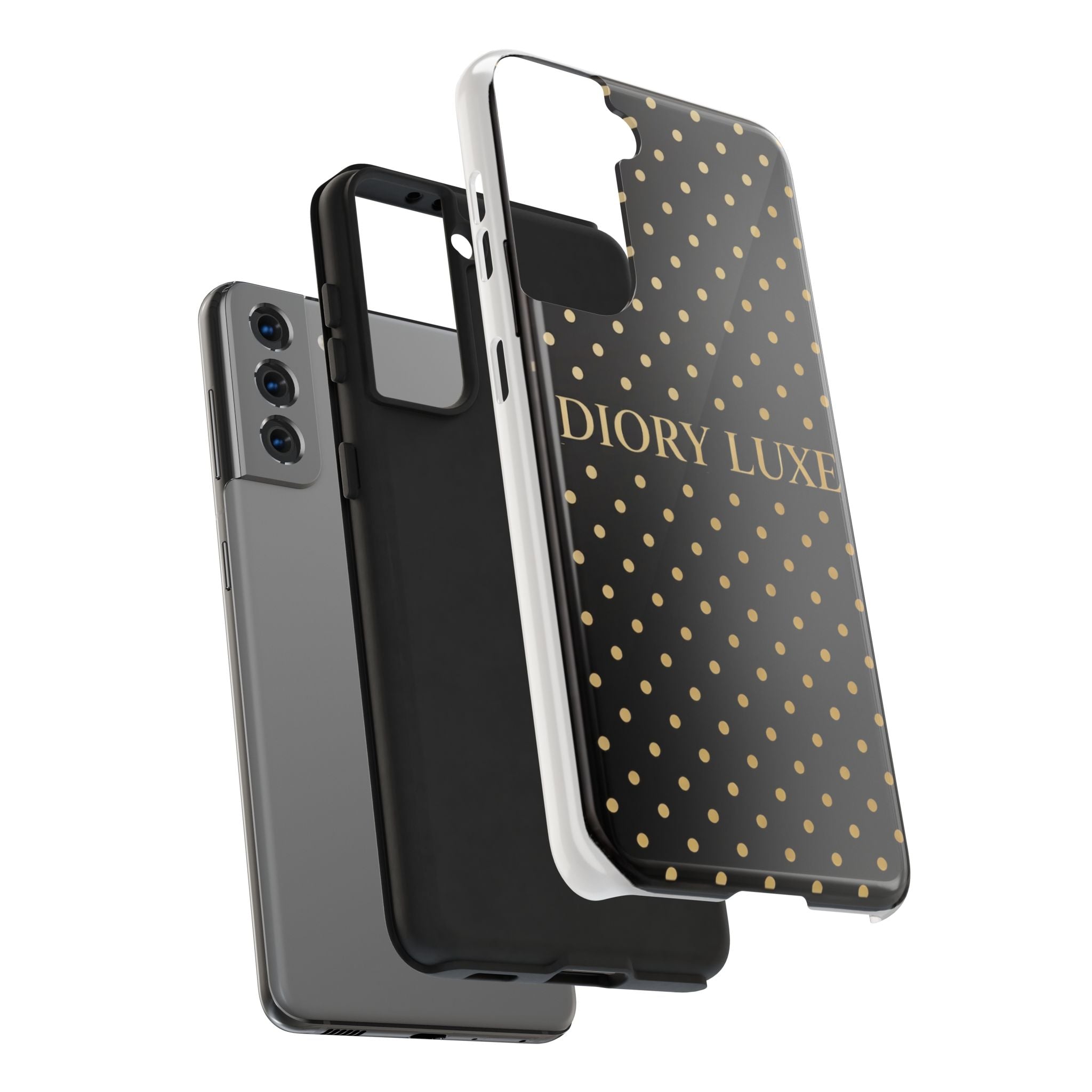 DIORY LUXE Polka Dot Tough Phone Case — Black & Gold Protective iPhone Cover
