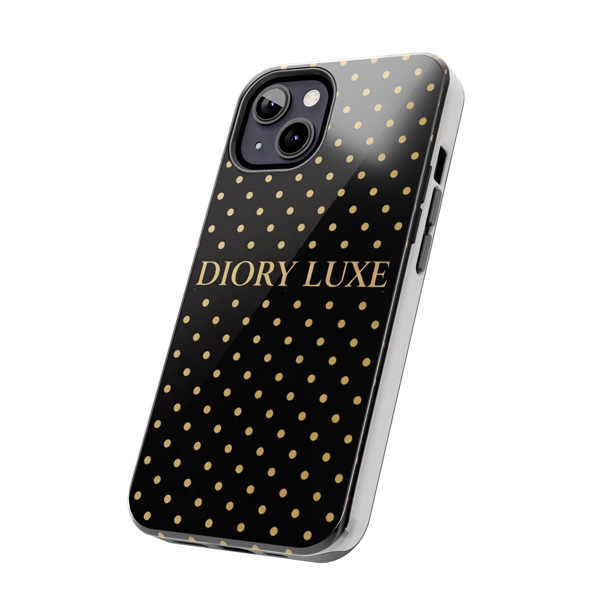 DIORY LUXE Polka Dot Tough Phone Case — Black & Gold Protective iPhone Cover