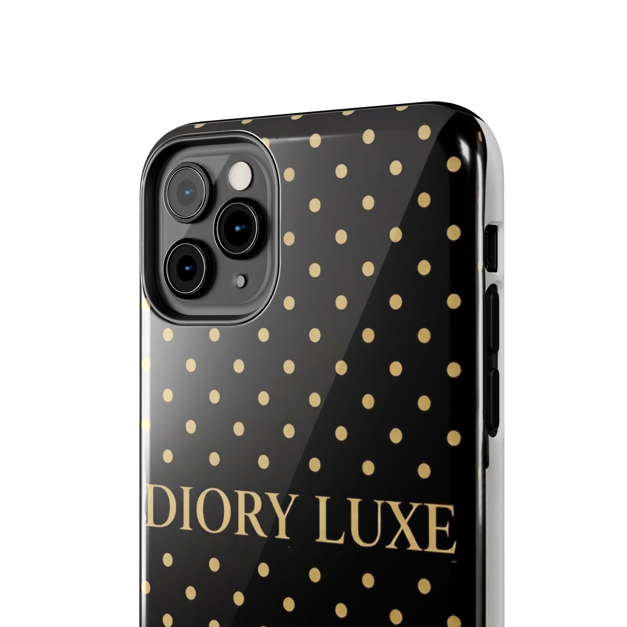 DIORY LUXE Polka Dot Tough Phone Case — Black & Gold Protective iPhone Cover