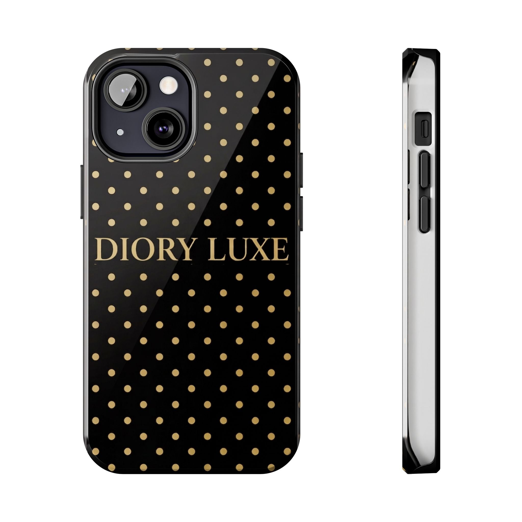 DIORY LUXE Polka Dot Tough Phone Case — Black & Gold Protective iPhone Cover
