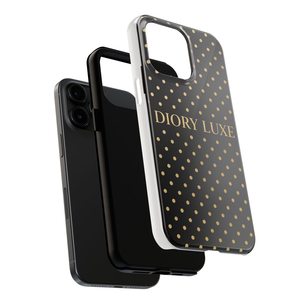 DIORY LUXE Polka Dot Tough Phone Case — Black & Gold Protective iPhone Cover