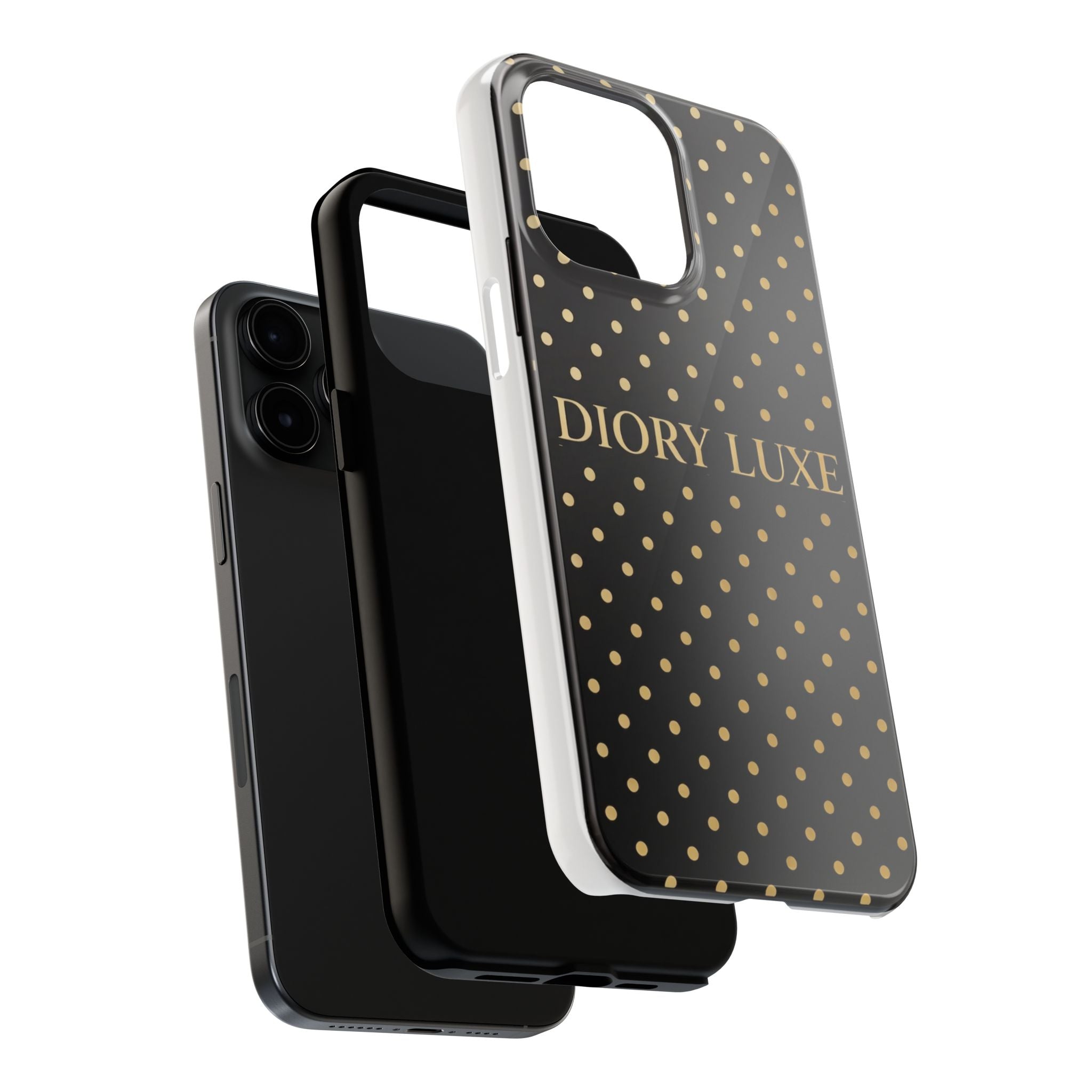 DIORY LUXE Polka Dot Tough Phone Case — Black & Gold Protective iPhone Cover