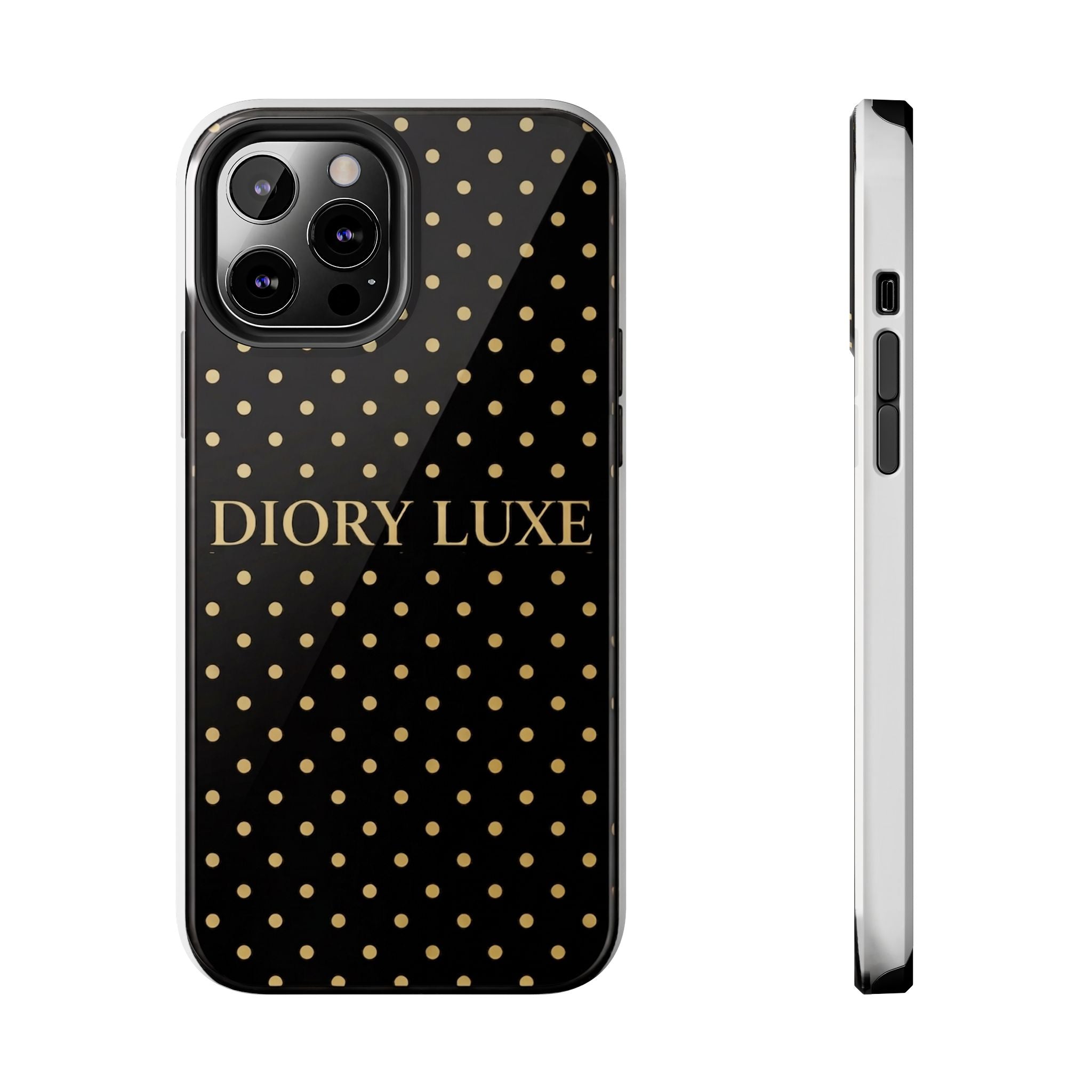 DIORY LUXE Polka Dot Tough Phone Case — Black & Gold Protective iPhone Cover