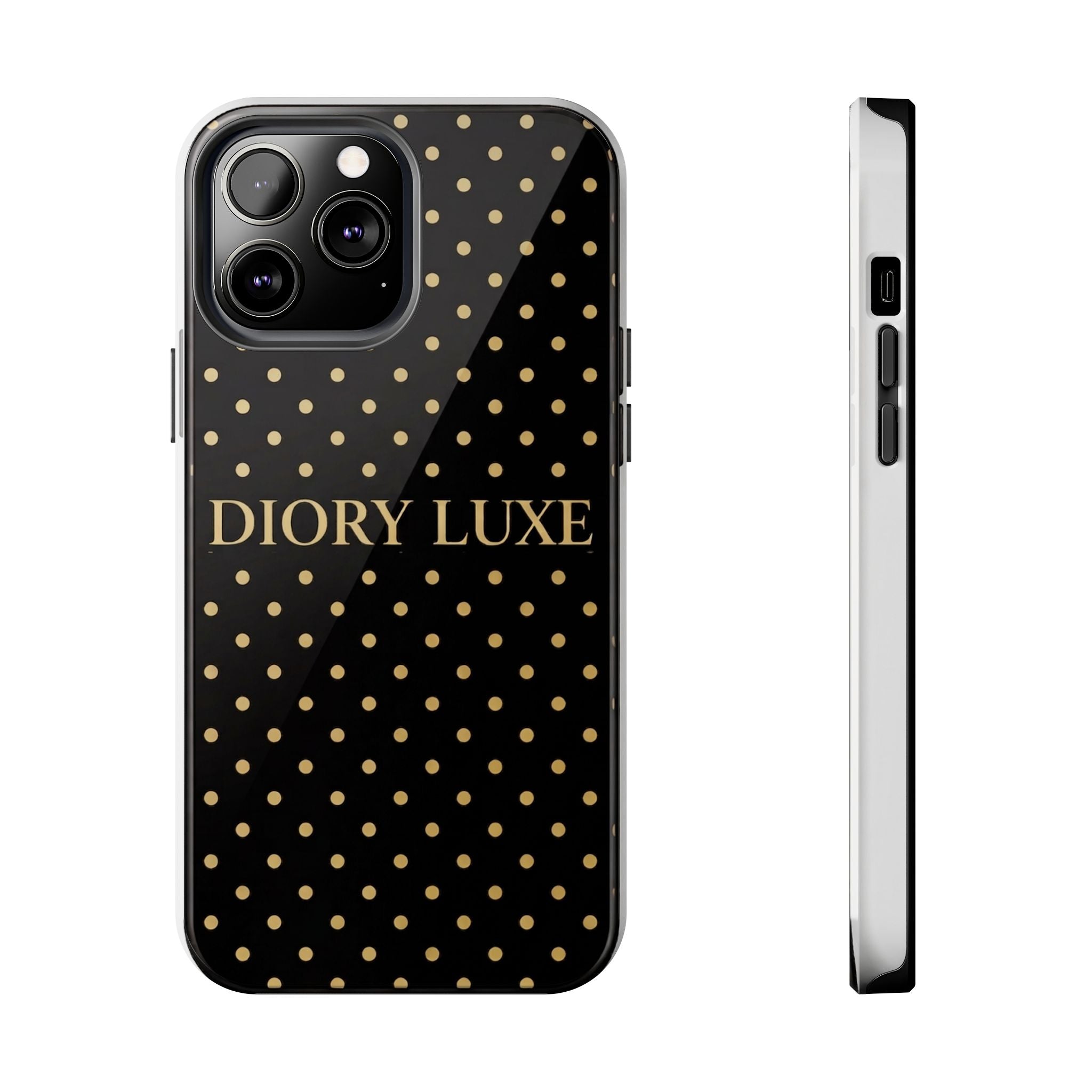DIORY LUXE Polka Dot Tough Phone Case — Black & Gold Protective iPhone Cover