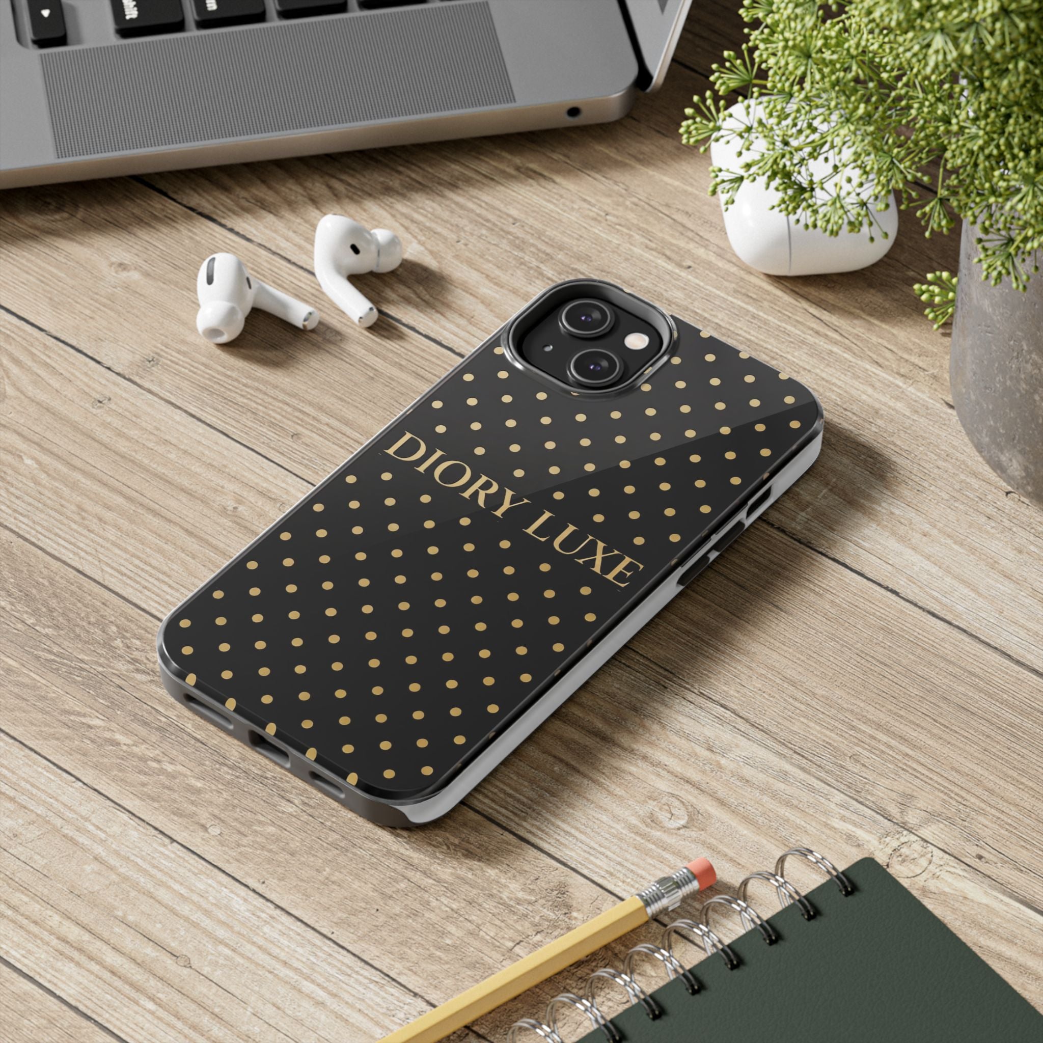 DIORY LUXE Polka Dot Tough Phone Case — Black & Gold Protective iPhone Cover