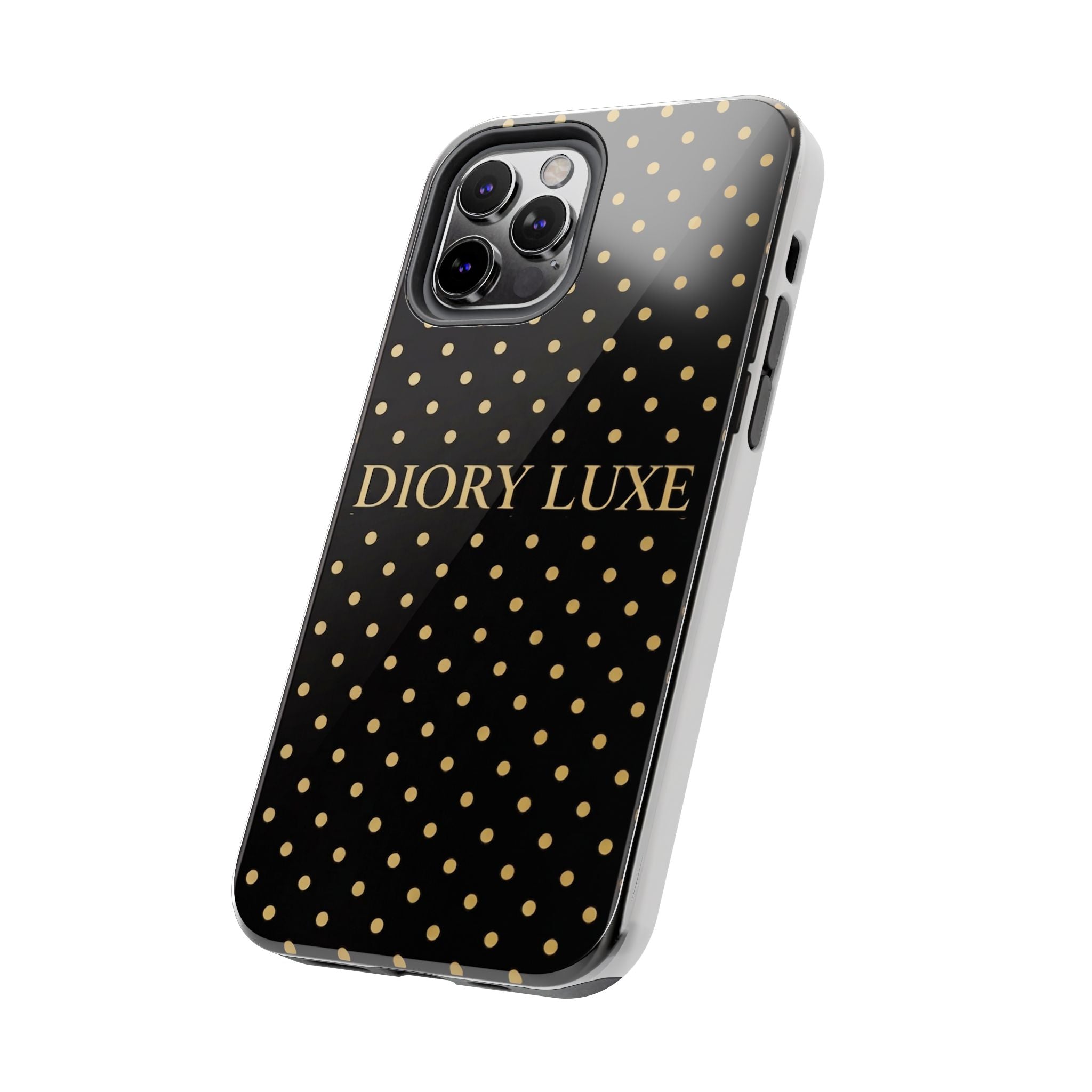 DIORY LUXE Polka Dot Tough Phone Case — Black & Gold Protective iPhone Cover