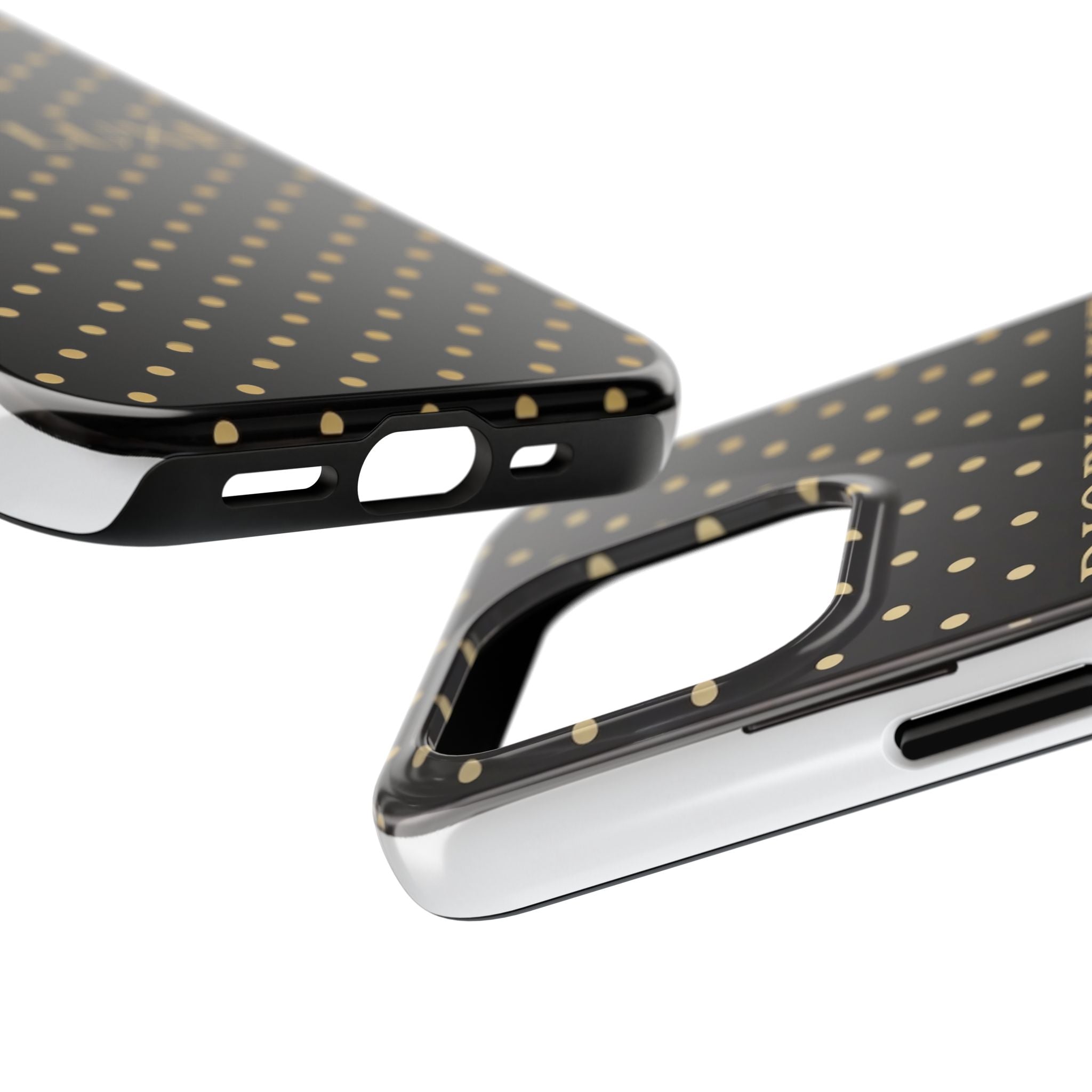 DIORY LUXE Polka Dot Tough Phone Case — Black & Gold Protective iPhone Cover