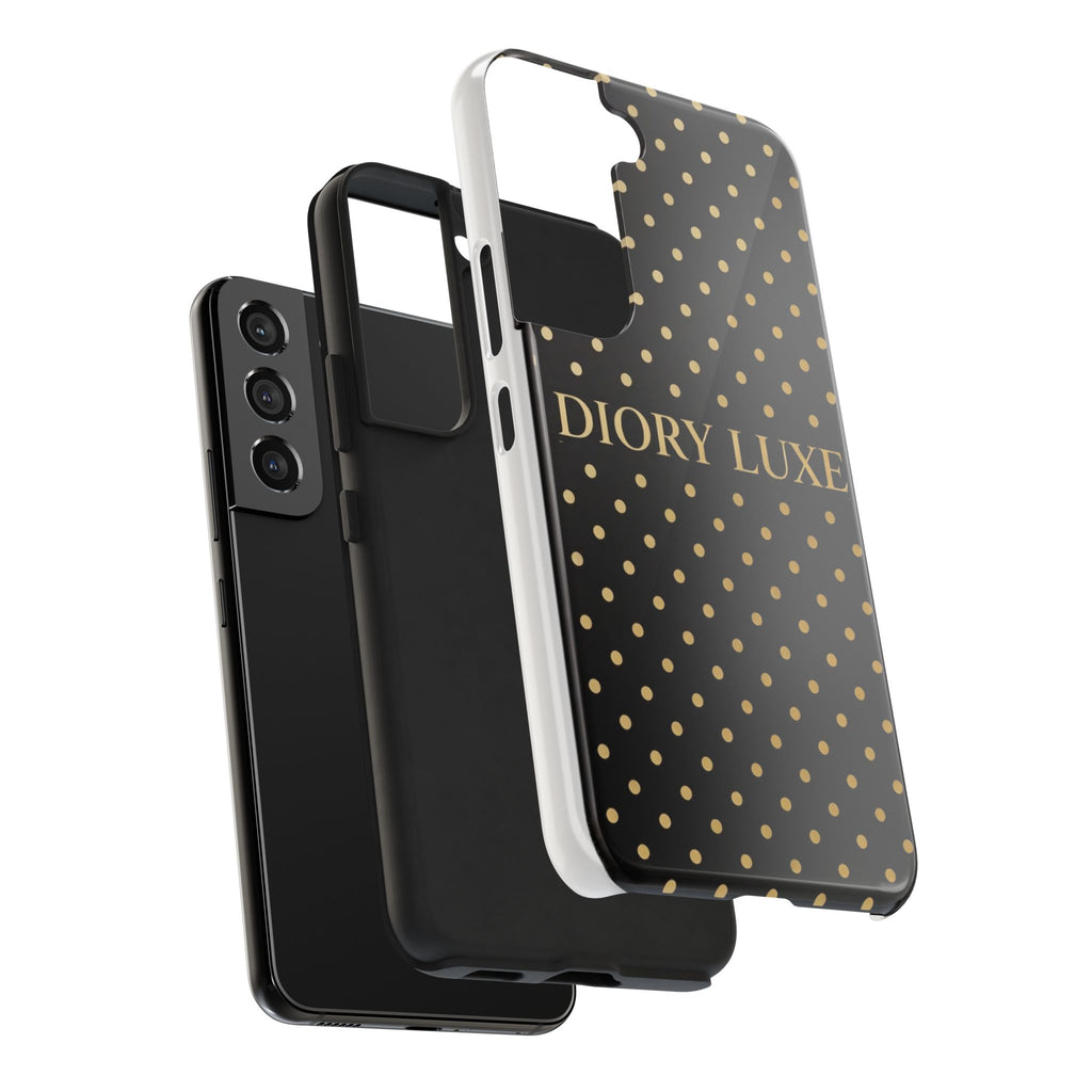 DIORY LUXE Polka Dot Tough Phone Case — Black & Gold Protective iPhone Cover