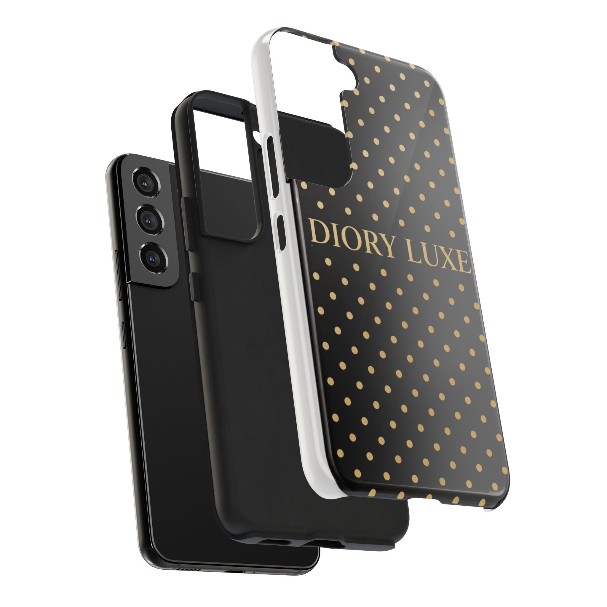 DIORY LUXE Polka Dot Tough Phone Case — Black & Gold Protective iPhone Cover