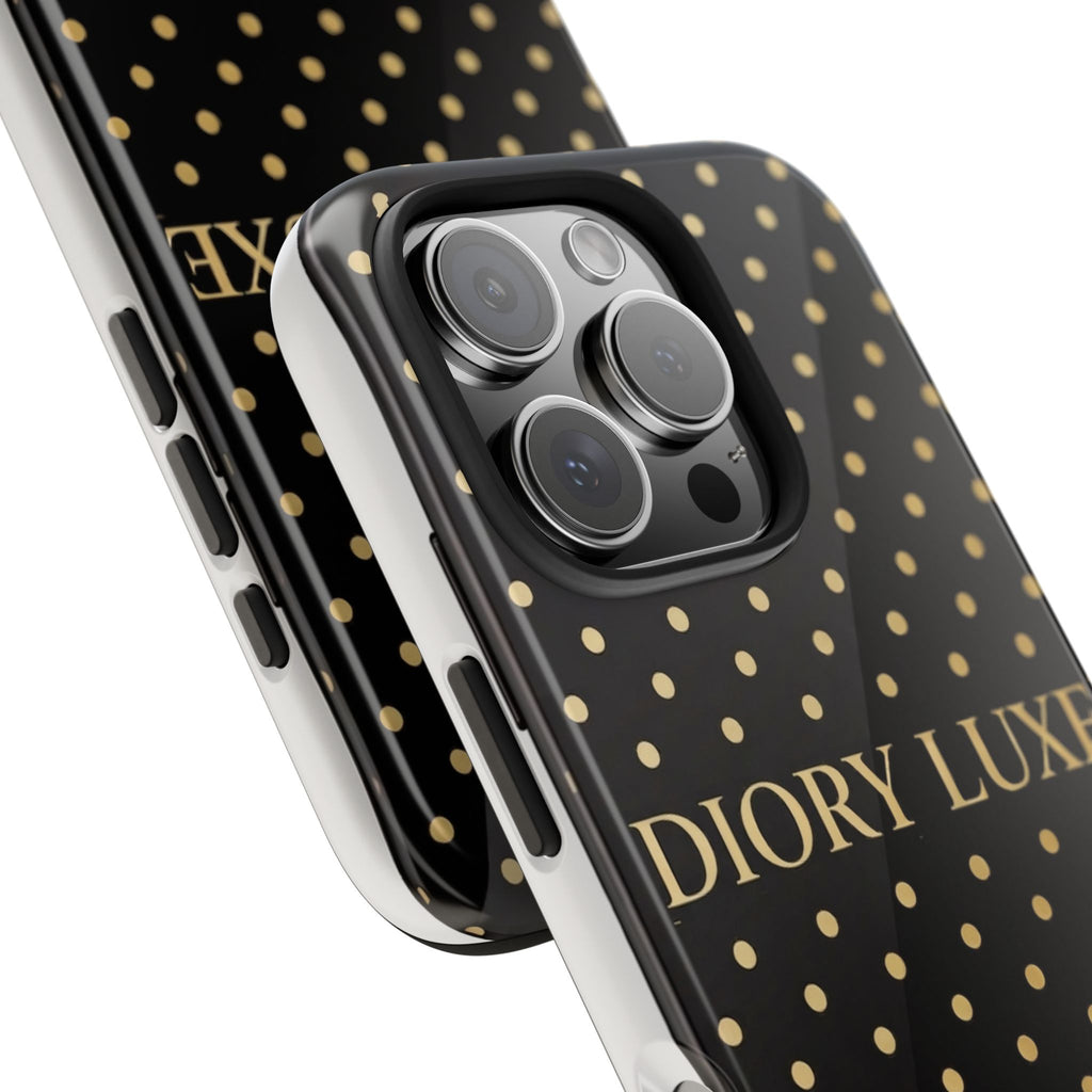 DIORY LUXE Polka Dot Tough Phone Case — Black & Gold Protective iPhone Cover