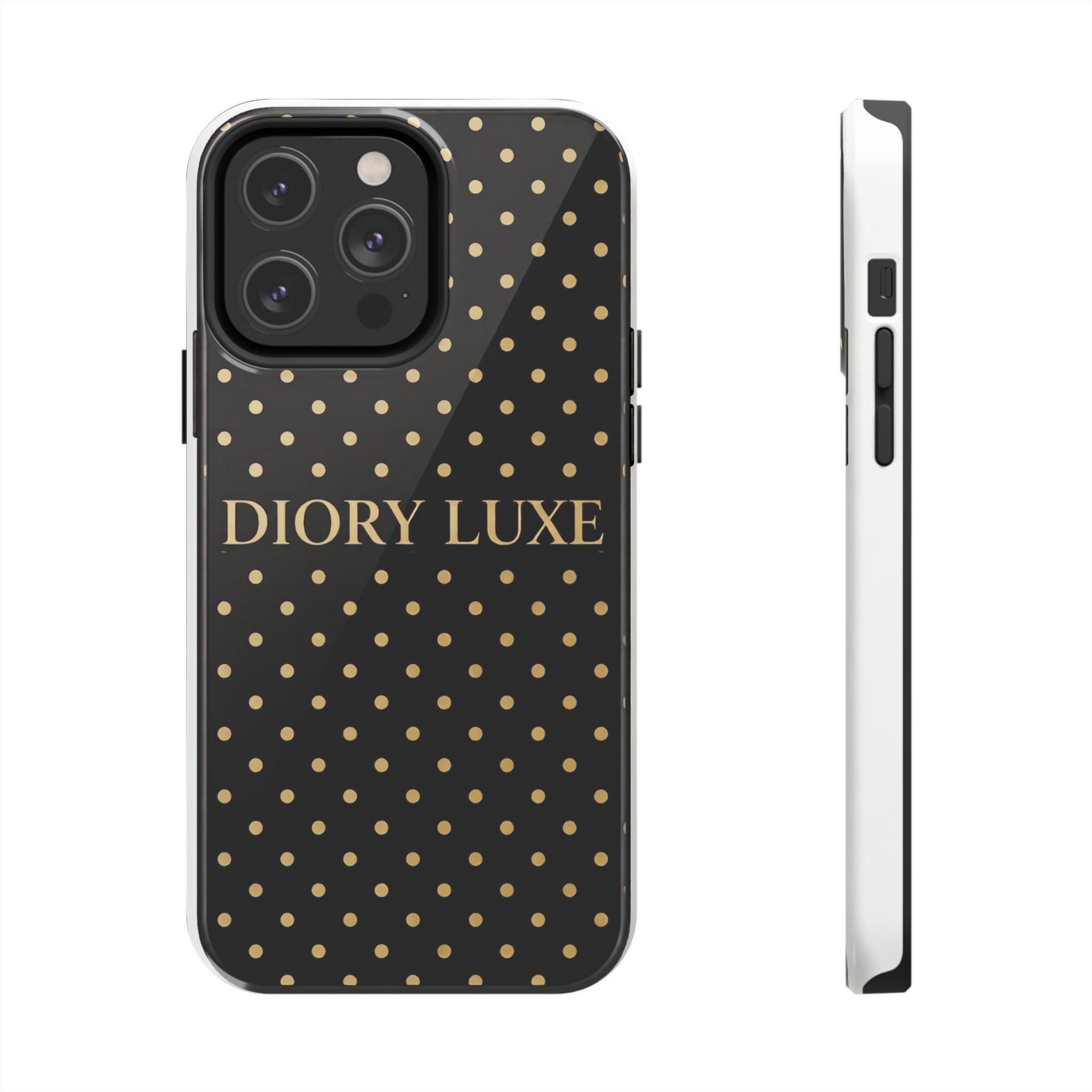 DIORY LUXE Polka Dot Tough Phone Case — Black & Gold Protective iPhone Cover
