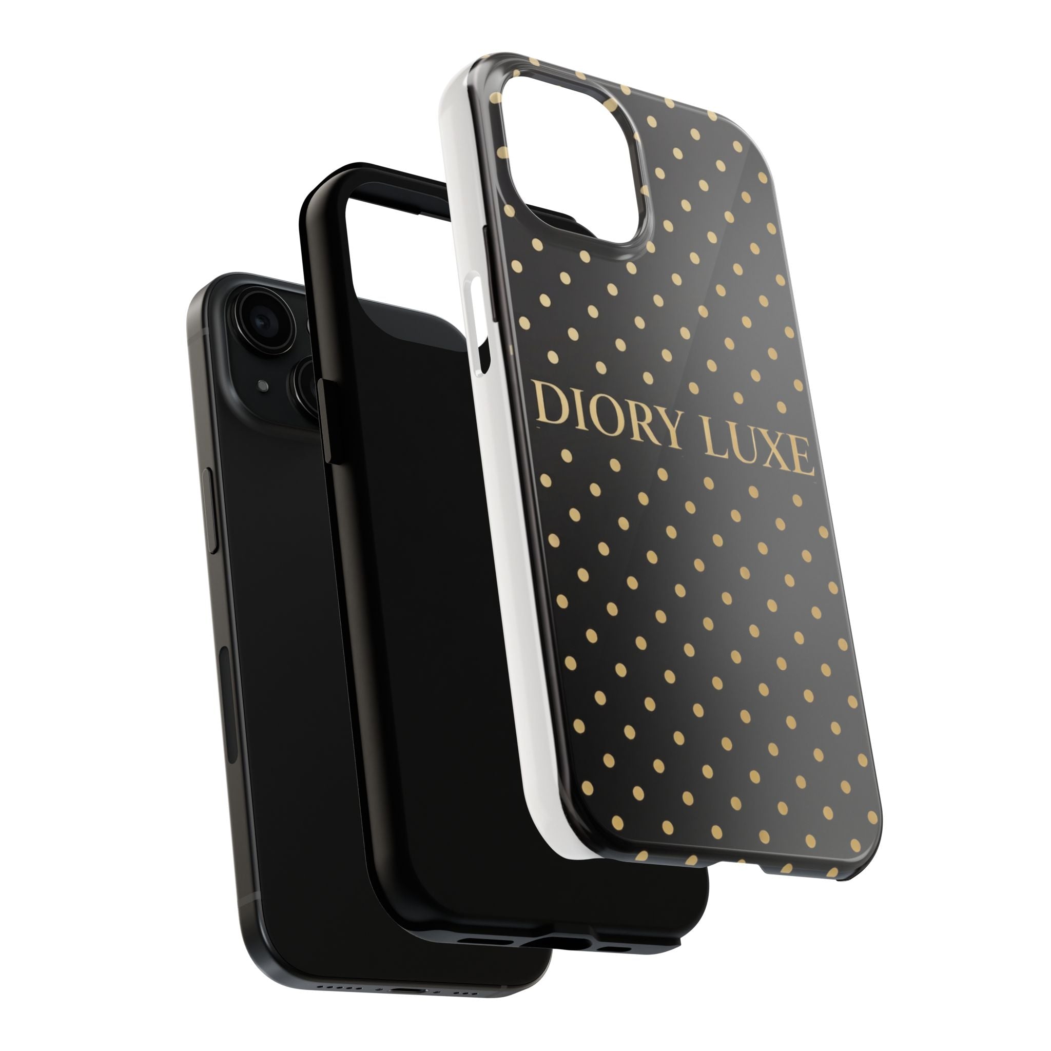 DIORY LUXE Polka Dot Tough Phone Case — Black & Gold Protective iPhone Cover