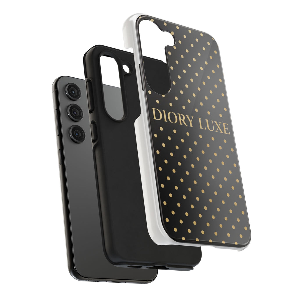 DIORY LUXE Polka Dot Tough Phone Case — Black & Gold Protective iPhone Cover