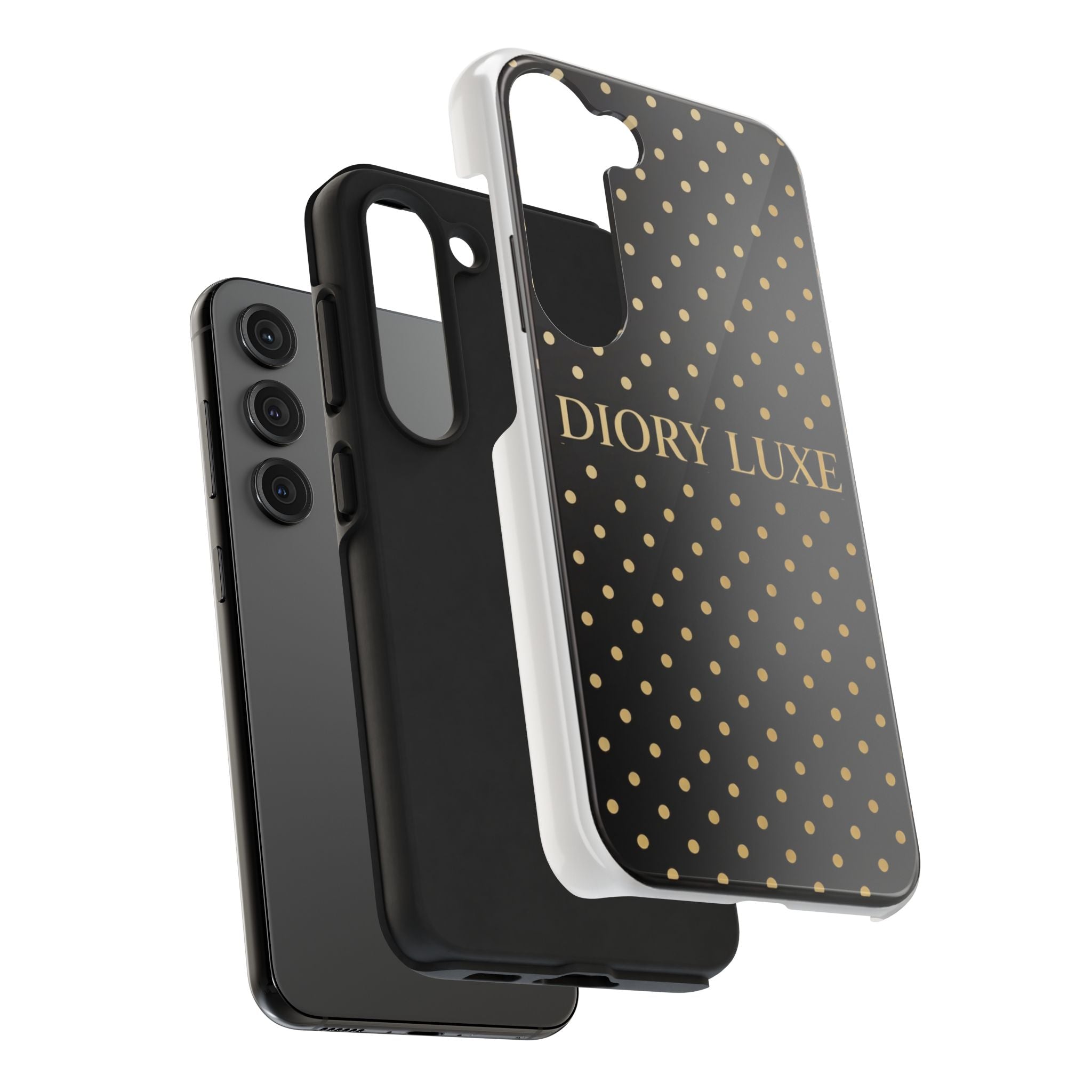 DIORY LUXE Polka Dot Tough Phone Case — Black & Gold Protective iPhone Cover