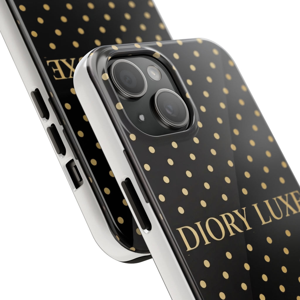 DIORY LUXE Polka Dot Tough Phone Case — Black & Gold Protective iPhone Cover