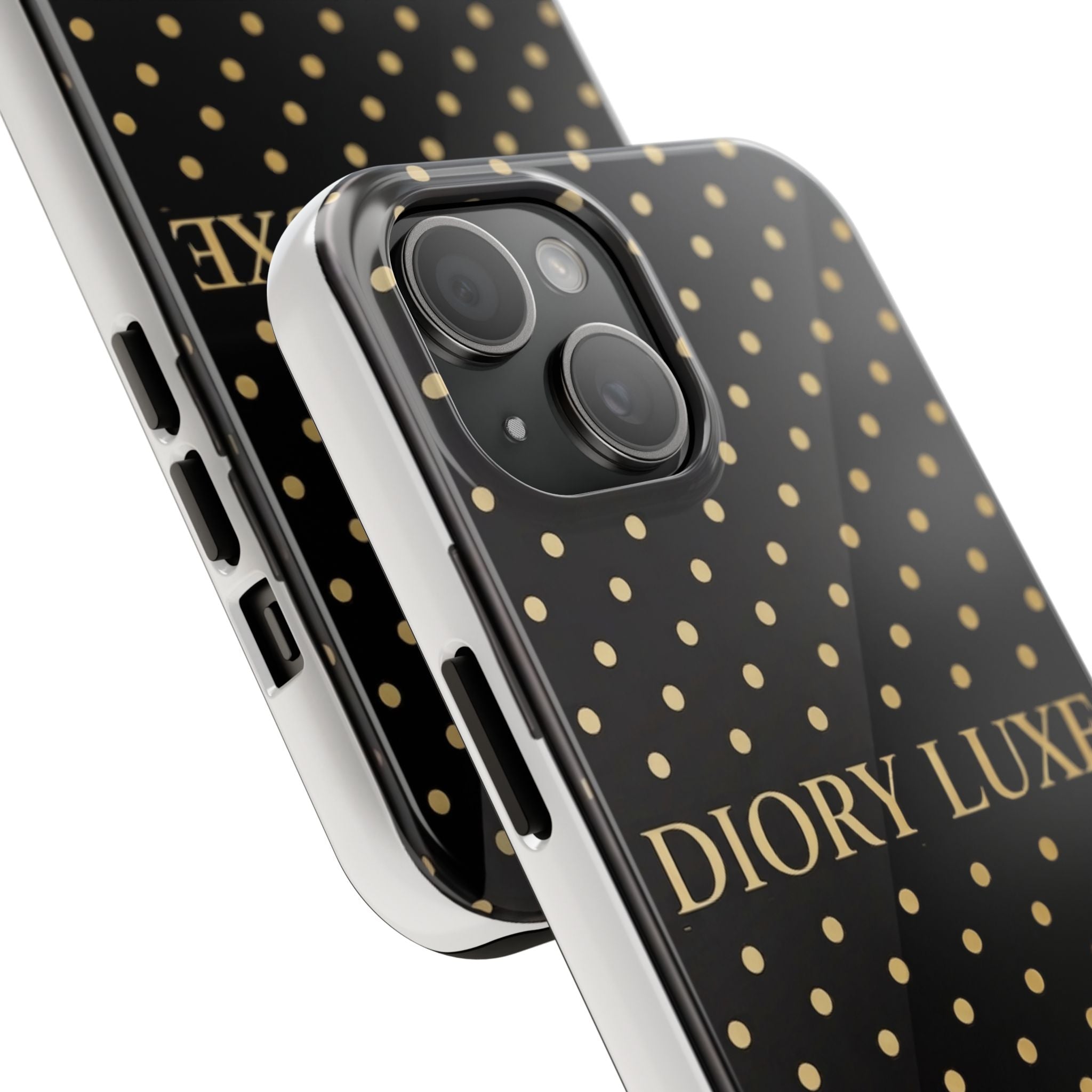 DIORY LUXE Polka Dot Tough Phone Case — Black & Gold Protective iPhone Cover