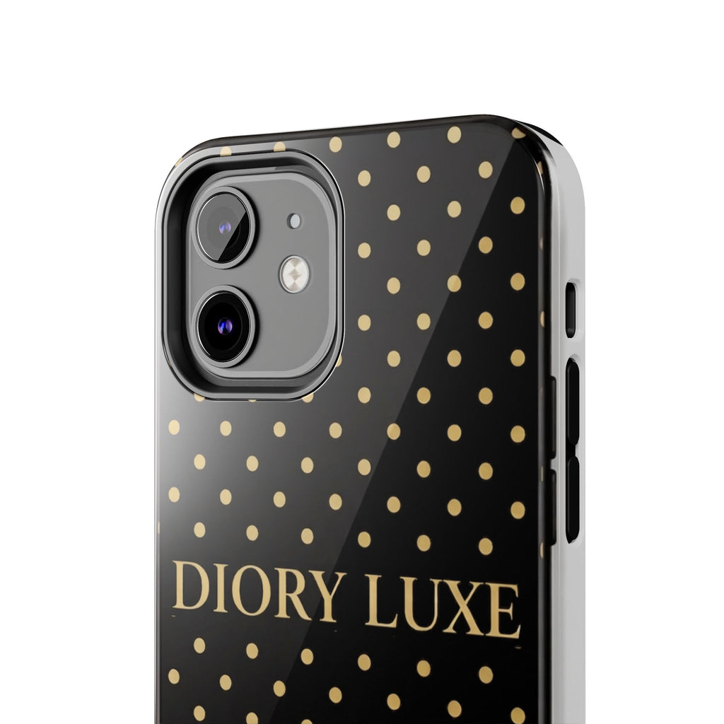 DIORY LUXE Polka Dot Tough Phone Case — Black & Gold Protective iPhone Cover